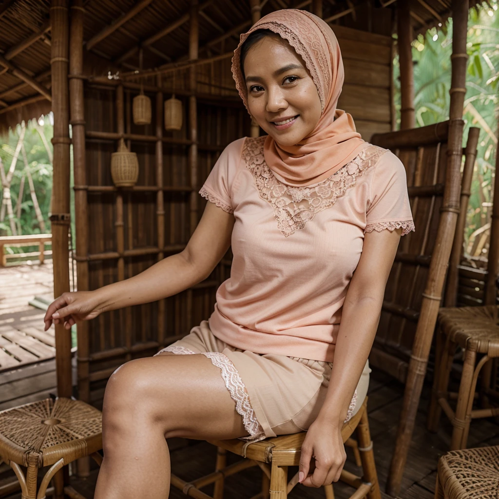 A 52 years old Indonesian woman in peach color hijab, wearing peach color lace tight t-shirt, wearing peach color lace shorts, smiling and sitting on the stool in the old bamboo cabin in a forest, look to the viewer with eye close, darker skin, curvier body, short body
