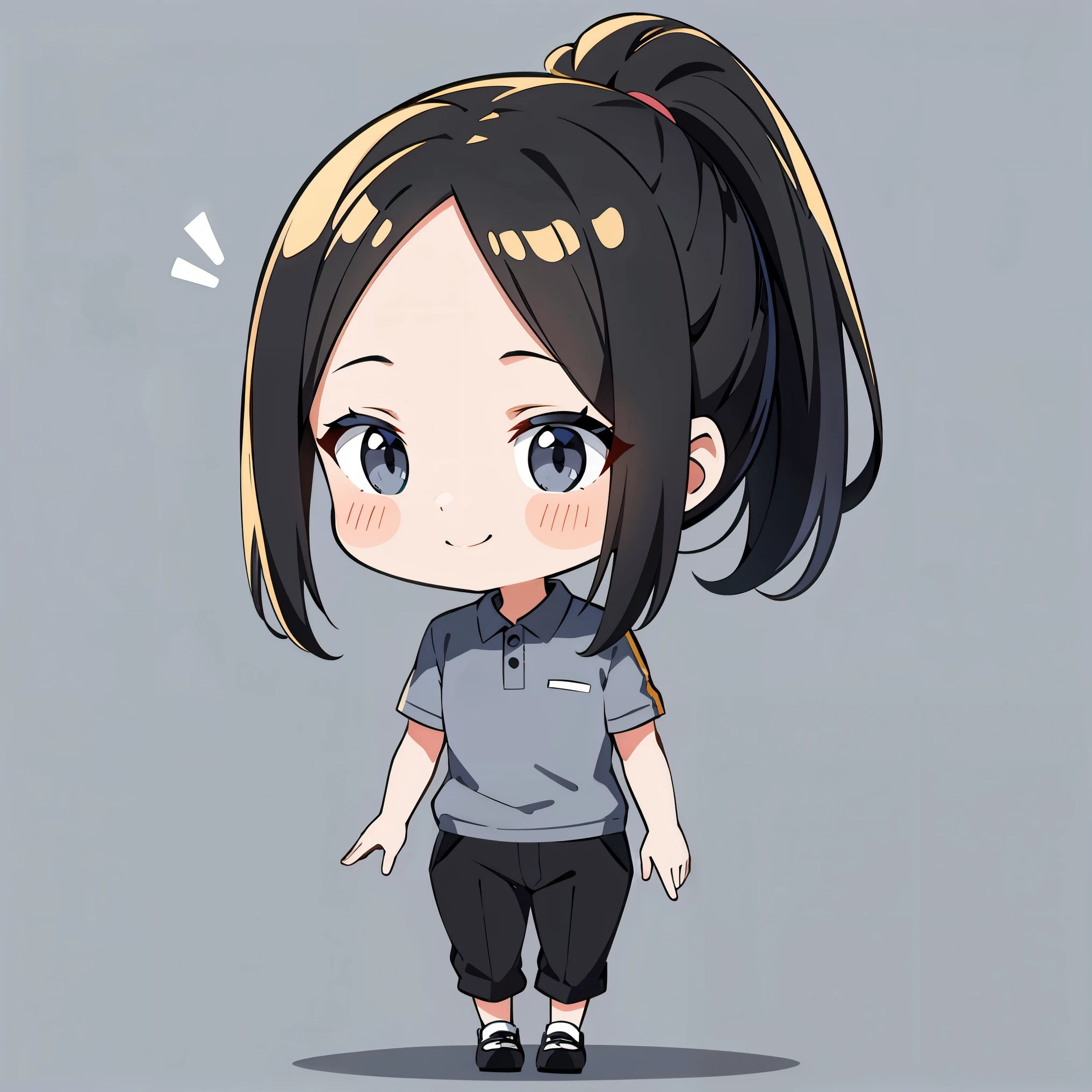 High quality、brown hair、very short hair、short hair、70-30 split、Forehead、berry show and、Forehead出す、Deco Dashi、7さんdivision、Forehead、bangs ear hook、smile、Grey polo shirt、,Bangs wear over the earssmile、Grey polo shirt、chibi character、black long pants、ponytail、simple background、beautiful and detailed eyes、Grey polo shirt、shoes、Tie your hair at the back、hair is 73division、70-30 split、Foreheadは出す、Forehead,Bangs wear over the ears、No bangs