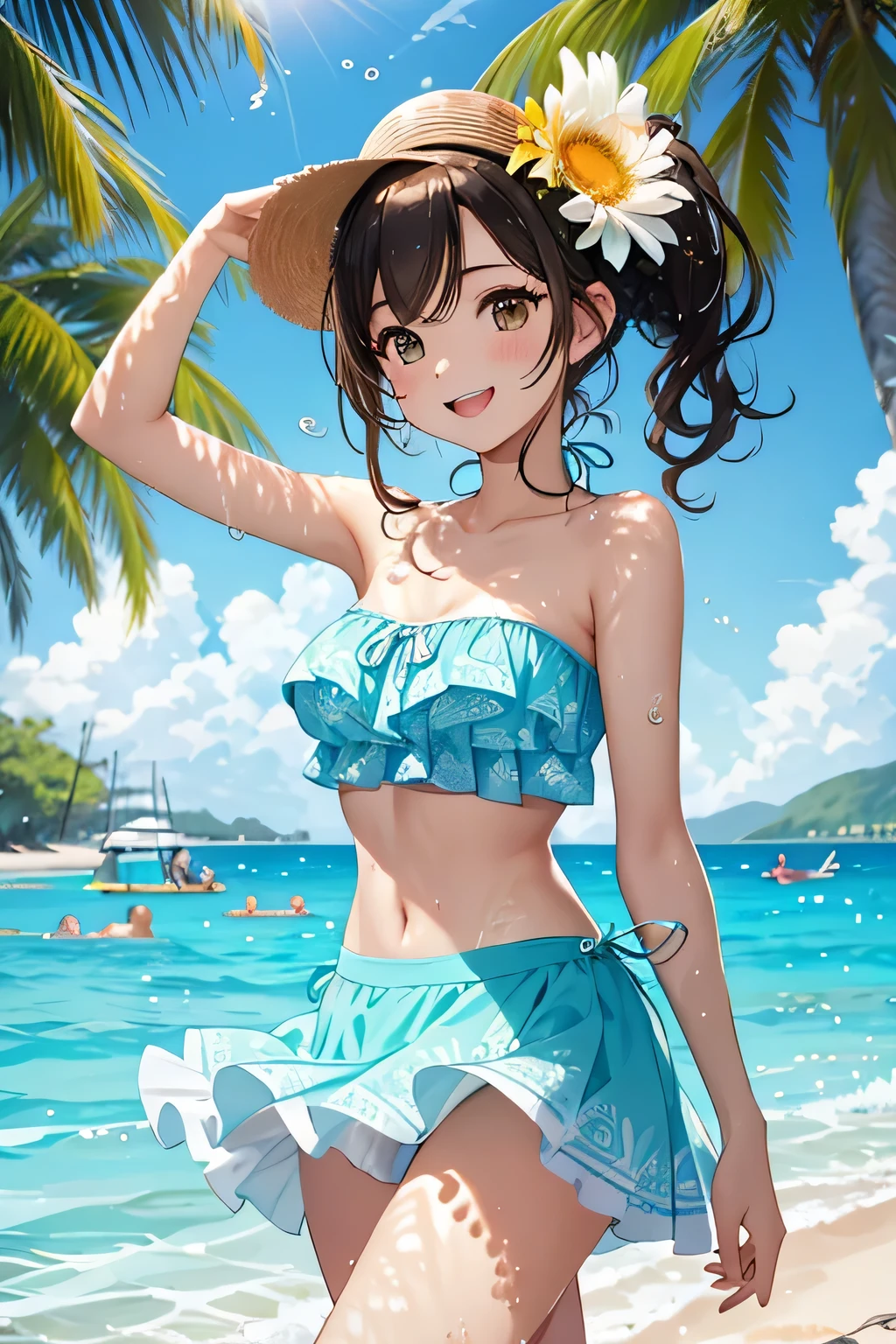 masterpiece, best quality, realistic, 1girl,  (PureErosFace_V1:0.7), hair ornament,(small breasts), sea, sand, flowers, sunshine, colorful, smile,(bikini),miniskirt, bikini skirt,beach,thin waist,narrow waist,ribbons,ass views,dynamic pose,paw pose,from below, --auto --s2