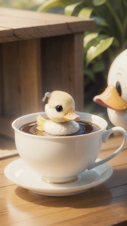 Cute little yellow duck drinking tea，Cute，Cute teacup