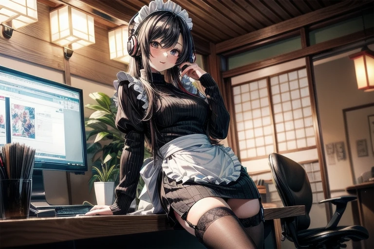 1girl, anime, black eyes, long black hair with square bangs, very long black hair, super long black hair, skirt and stockings, heels, black Japanese style kimono mixed with ribbed black sweater with red accents and sakura floral design, ((ribbed black sweater)) adult, (Japanese shrine/temple background), gamer, (((gamergirl))),  (((office lady))), kimono sleeves, garter, graceful, (((maid uniform design))), broom, sweeping, cleaning, happy, feather duster, headphones, (sakura floral design)
