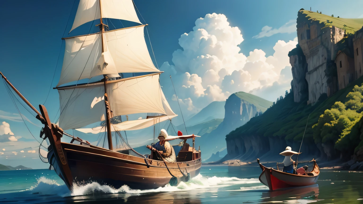 Fishermen are catching fish from small boats, daytime atmosphere, medieval fantasy theme