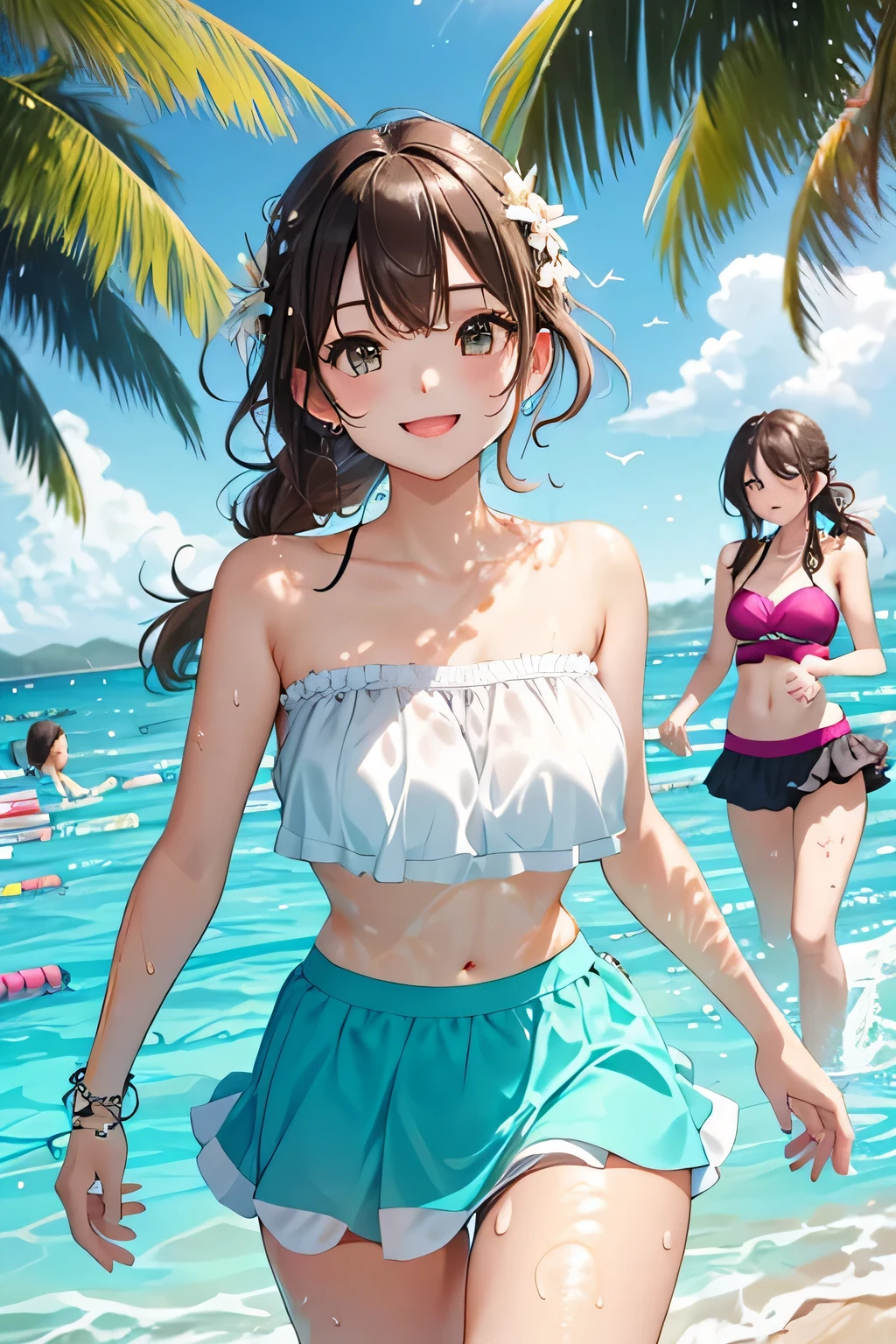 (highest quality:1.4)、High resolution、detailed background)、(detailed beautiful face:1.4)、beautiful and smooth skin、skin texture、professional lighting、beautiful teenage girl、(three women)、(huge breasts:1.3)、
brown hair、braided bob、braided ponytail、braided hairstyles、realistic、perfect body line、attractive thighs、Attractive big buttocks、sunny day、cowboy shot、
(Three beautiful girls enjoying swimming on the sandy beach:1.5)、
playfully splashing water on each other、happy look、smile、open your mouth and laugh、sexual expression、wet swimsuit、wet swimsuitが光る、the whole body is wet、Hair is also wet、cute、

The ruffled top and high-waisted bikini bottoms accentuate your feminine charm.。Choose a patterned or brightly colored bikini to make your look even more cute.、
Create a resort look by pairing a strapless bikini top with a wrap skirt.、For skirts, choose patterned or sheer materials to add a summery touch.、
One-piece swimsuits with ruffles and lace details create a cute look.、
When playing by the water, pairing it with a cap not only looks cute, but also protects you from sunburn.、
Bikinis with cut-out designs give a modern and stylish look、
Choosing something with an intricate design or a combination of different colors will make your unique charm stand out.、
Rash guards are also useful items for sun protection.、
Choose something with a colorful pattern or pop design and pair it with high-waisted bottoms for an active, girly look.、cute