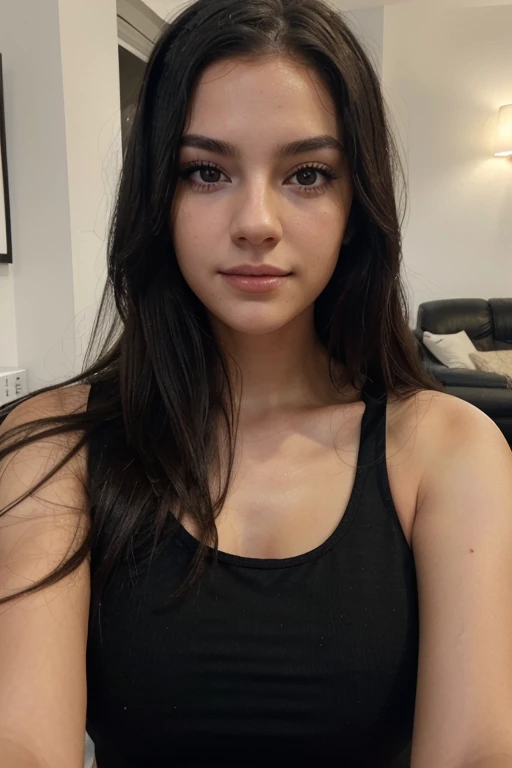 (amateur 1.2), amateur camera selfie of 21 years old caucasian female, black hair, low exposure, low lighting, unprofessional natural lighting, realistic lighting, dark light, low light, very black eyes with hyperrealistic eye lashes, hyper realistic skin all over her, beautiful face, detailed face, image noise, detailed skin texture, eyebrow details showing each individual hair, black tank top, huge , slightly smiling looking sexy, hyper realistic skin, long messy hair, white skin caucasian female, long hair, inside modern living room, naked