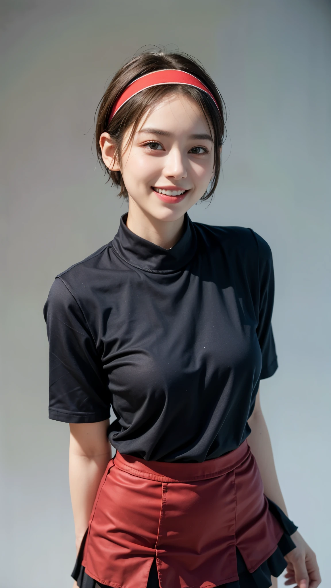 A close up of a woman wearing a black shirt and red skirt - SeaArt AI