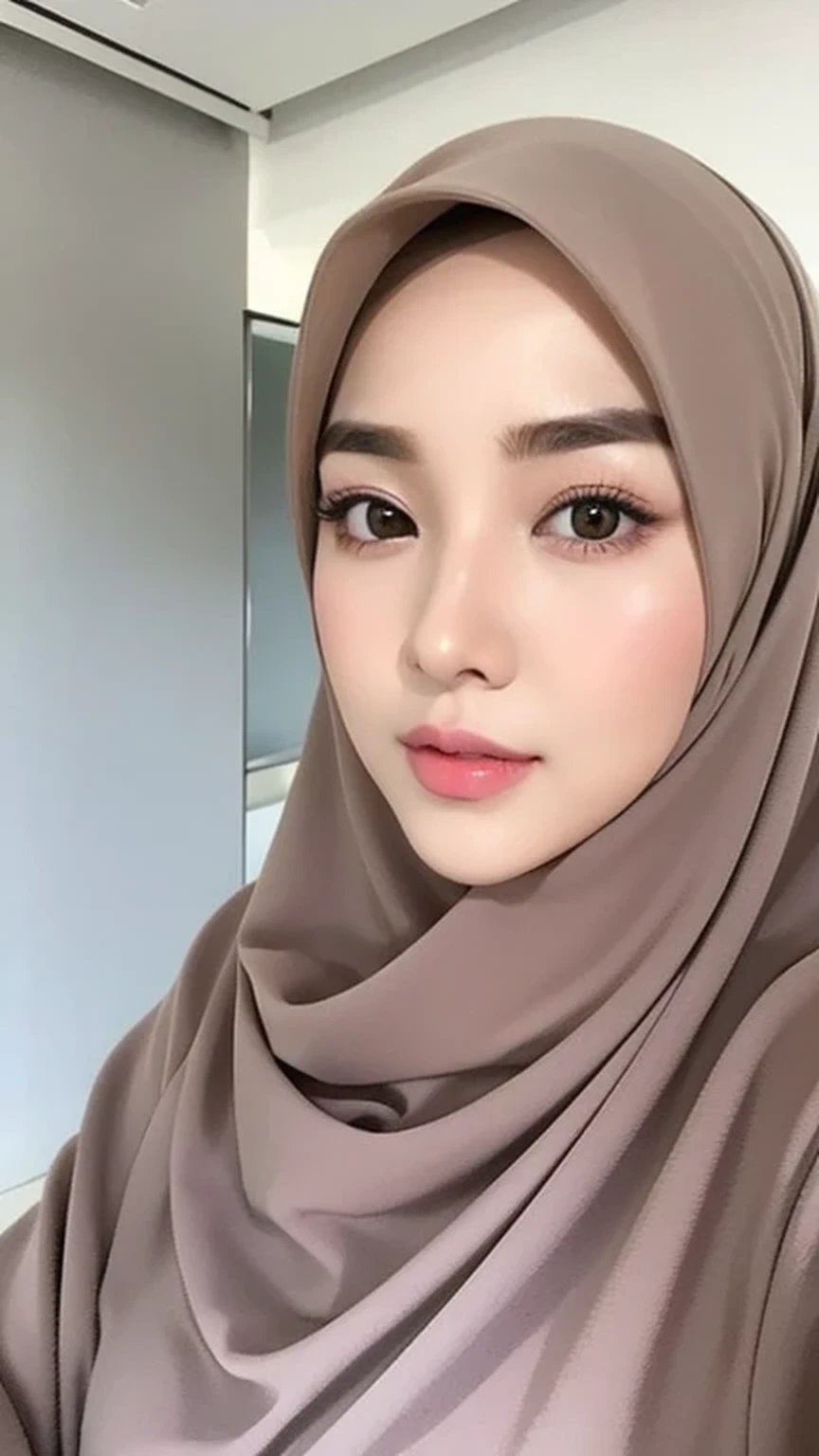 Realistic, ultra sharp, Beautuful Women、hijab, indonesian, bold eyebrows, ultra sharp, selfee、White Room、The face is cute、Vanrak Ayyans appears、1 girl, stylish