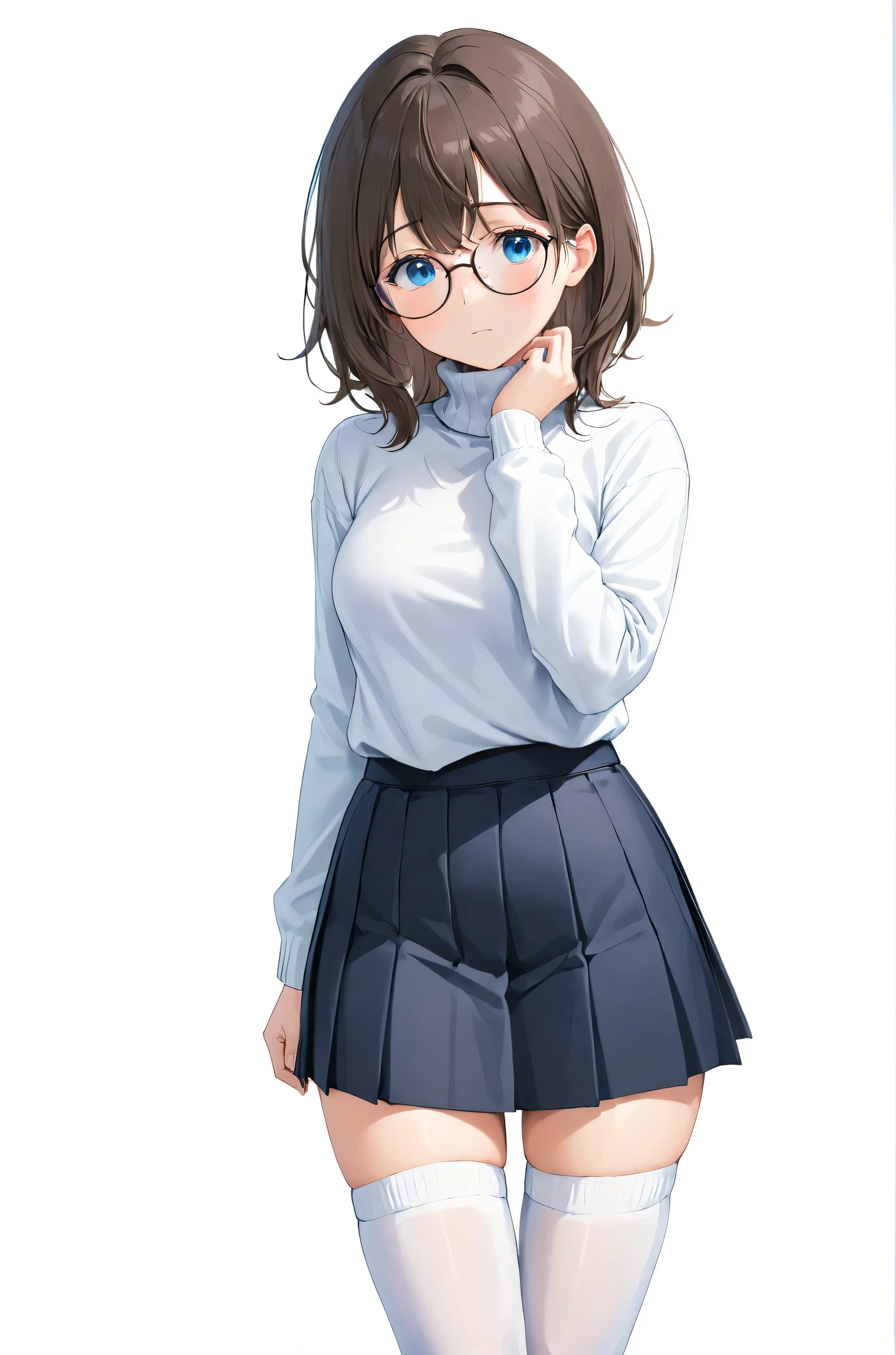 (((masterpiece))), 1 woman, solo, (((skinny:1.1))), looking at viewer, medium length hair, blue eyes, (office casual clothes), medium hair, extremely nervous, shy pose, v arms, standing, embarrassed face, (((white background:1.2))), thick thighs, tight thigh high socks, skirt, pleated skirt, turtleneck sweater, round glasses