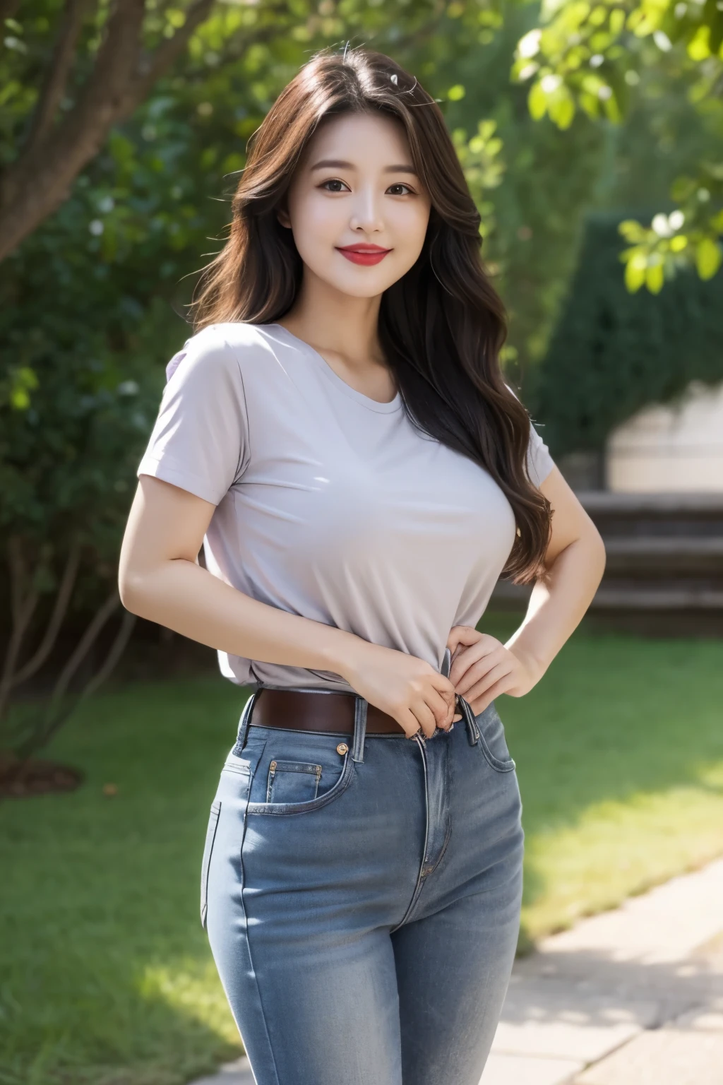 Draw lips correctly, red lipstick, from chest up, best quality, Super detailed, lifelike, Super fine skin, perfect anatomy, (1 日本Mature的女人), (alone)，Wear a gray shirt，short sleeves，blue jeans，black belt，wavy long hair，37-year-old female，Mature，charming smile，outdoor background，stand，Leg length，Chubby，Big breasts，stand up，full-body shot