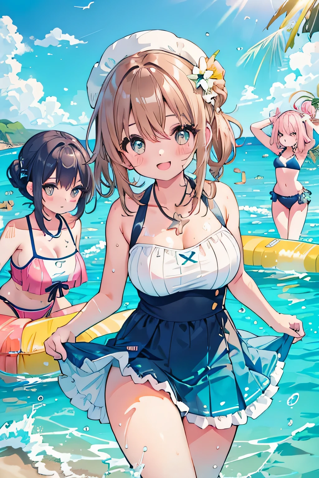 (highest quality:1.4)、High resolution、detailed background)、(detailed beautiful face:1.4)、beautiful and smooth skin、skin texture、professional lighting、beautiful age girl、(three women)、(huge breasts:1.3)、
brown hair、braided bob、braided ponytail、braided hairstyles、realistic、perfect body line、attractive thighs、Attractive big buttocks、sunny day、cowboy shot、
(Three beautiful girls enjoying swimming on the sandy beach:1.5)、
playfully splashing water on each other、happy look、smile、open your mouth and laugh、sexual expression、wet swimsuit、wet swimsuitが光る、the whole body is wet、Hair is also wet、cute、
The ruffled top and high-waisted bikini bottoms accentuate your feminine charm.。Choose a patterned or brightly colored bikini to make your look even more cute.、
Create a resort look by pairing a strapless bikini top with a wrap skirt.、For skirts, choose patterned or sheer materials to add a summery touch.、
One-piece swimsuits with ruffles and lace details create a cute look.、
When playing by the water, pairing it with a cap not only looks cute, but also protects you from sunburn.、
Bikinis with cut-out designs give a modern and stylish look、
Choosing something with an intricate design or a combination of different colors will make your unique charm stand out.、
Rash guards are also useful items for sun protection.、
Choose something with a colorful pattern or pop design and pair it with high-waisted bottoms for an active, girly look.、cute