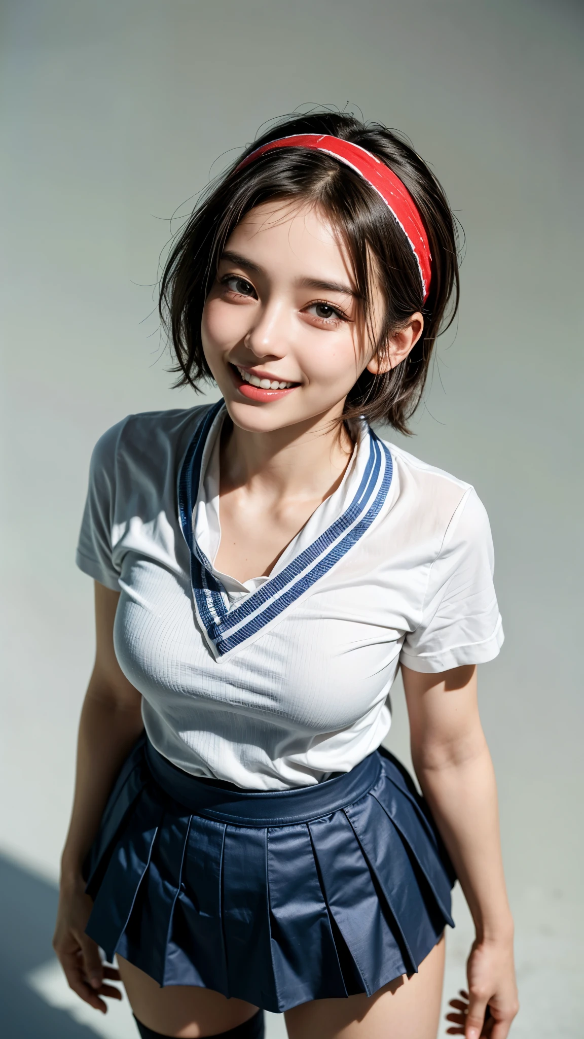 highest quality, masterpiece, ultra high resolution, (realistic:1.4), (portrait facing each other) Raw photo, 1 girl, 26 years old,((miniskirt uniform)),((Short hair and bandana)),((looking up at the viewer)),realistic,((Simple solid color background)), picture media chest)),((toothy smile)),