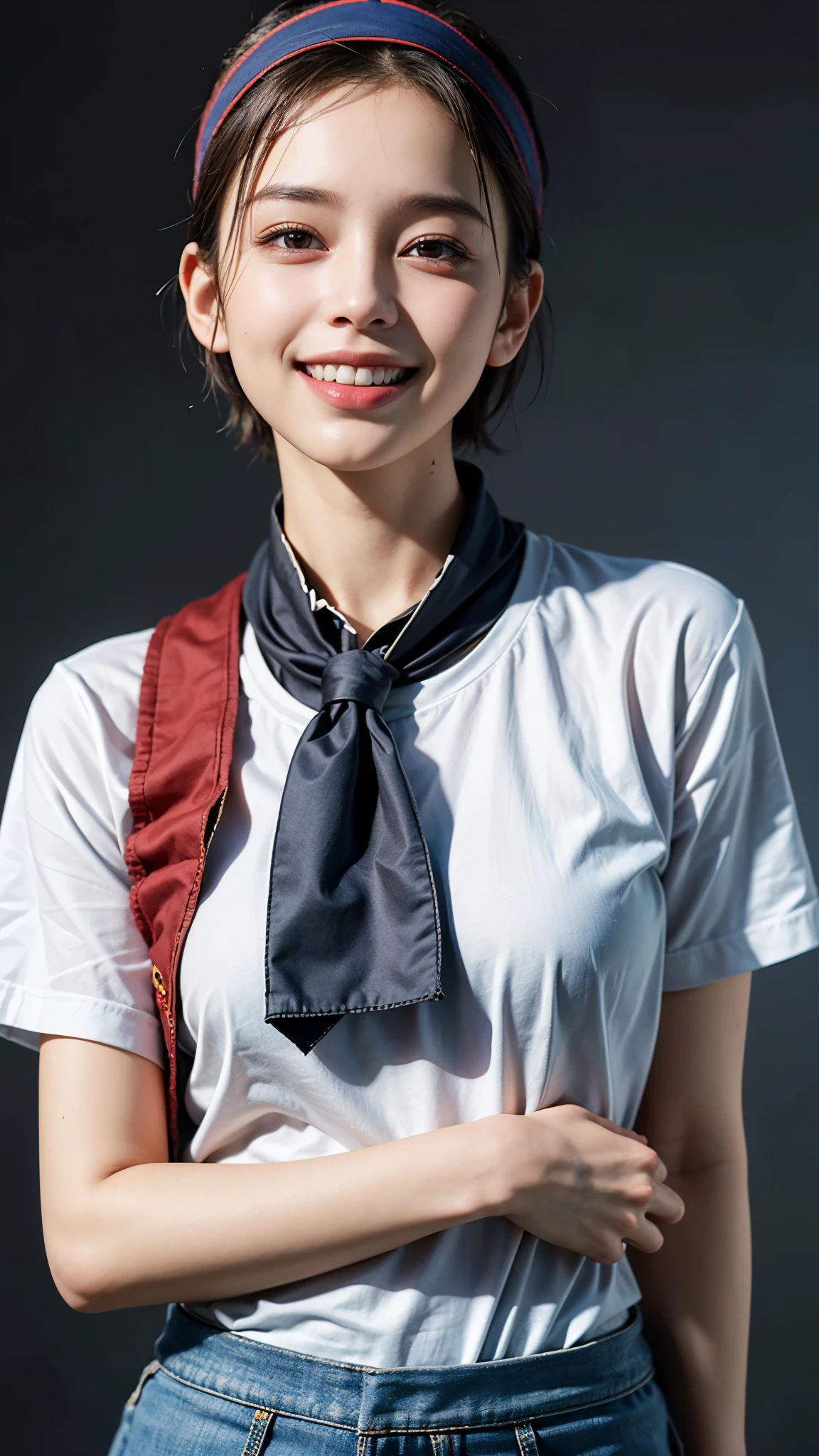 highest quality, masterpiece, ultra high resolution, (realistic:1.4), (portrait facing each other) Raw photo, 1 girl, 26 years old,((miniskirt uniform)),((Short hair and bandana)),((looking up at the viewer)),realistic,((Simple solid color background)), picture media chest)),((toothy smile)),