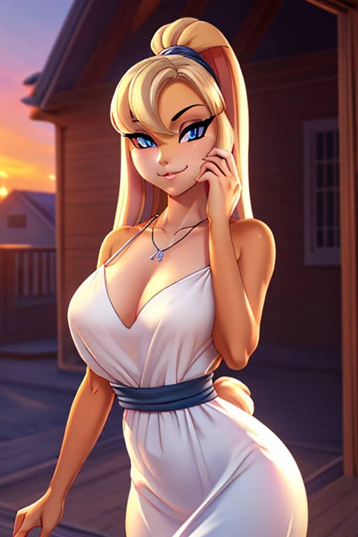 ((ultra quality)), ((masterpiece)), loa bunny, ((blonde long straight hair)), (beautiful cute face), (beautiful female lips), charming, ((sexy facial expression)), looking at the camera smiling softly, eyes slightly open, (skin color pale white), glare on the body, ((detailed beautiful female eyes)), ((Dark blue eyes)), (juicy female lips), (black eyeliner), (beautiful female hands), ((ideal female figure)), ideal female body, beautiful waist, gorgeous thighs, beautiful medium breasts, ((subtle and beautiful)), stands temptingly (close up of face), (dressed in a white dress, necklace on the neck) background: Vacation home, Street, sunset, ((depth of field)), ((high quality clear image)), (clear details), ((high detail)), realistically, professional photo session, ((Clear Focus)), anime