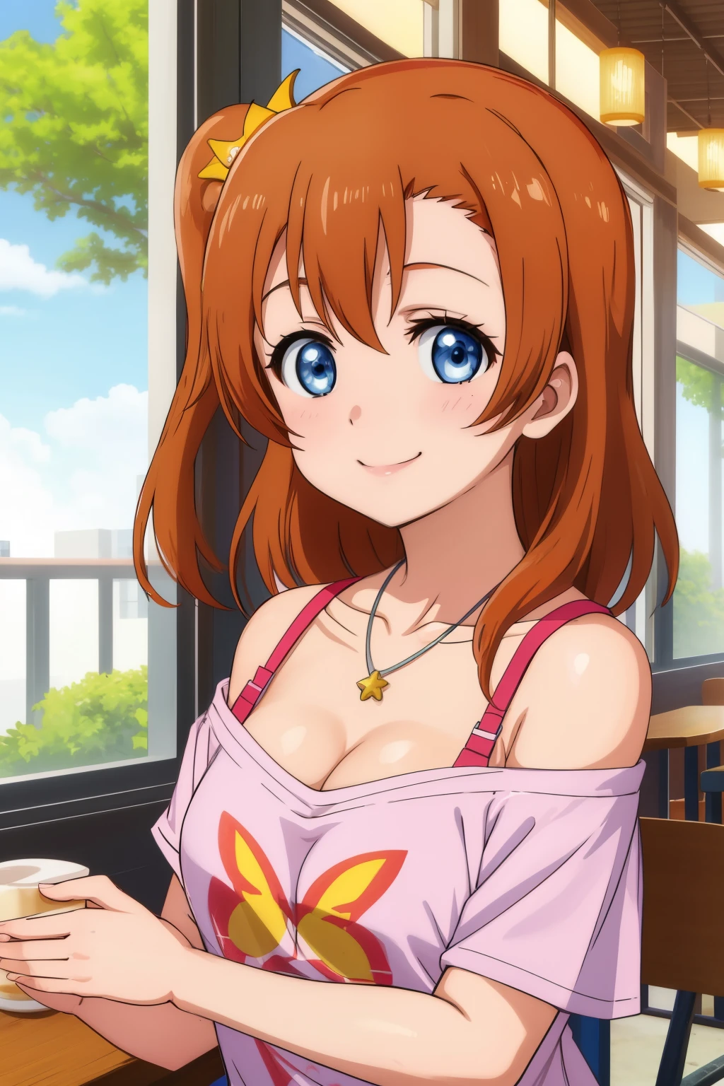 upper body, kousaka honoka, blue eyes,off shoulder t-shirt, necklace,in cafe , smile , hair ornaments, cleavage 