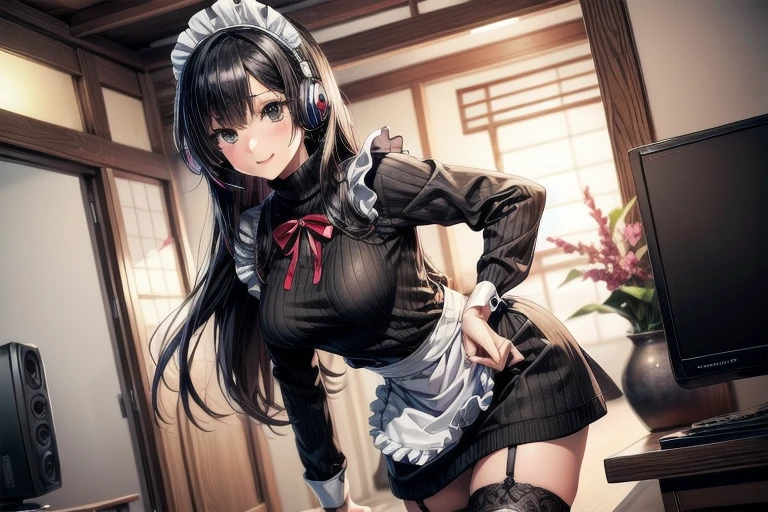 1girl, anime, black eyes, long black hair with square bangs, very long black hair, super long black hair, skirt and stockings, heels, black Japanese style kimono mixed with ribbed black sweater with red accents and sakura floral design, ((ribbed black sweater)) adult, (Japanese shrine/temple background), gamer, (((gamergirl))), (((office lady))), kimono sleeves, garter, graceful, (((maid uniform design))), broom, sweeping, cleaning, happy, feather duster, headphones, (sakura floral design)