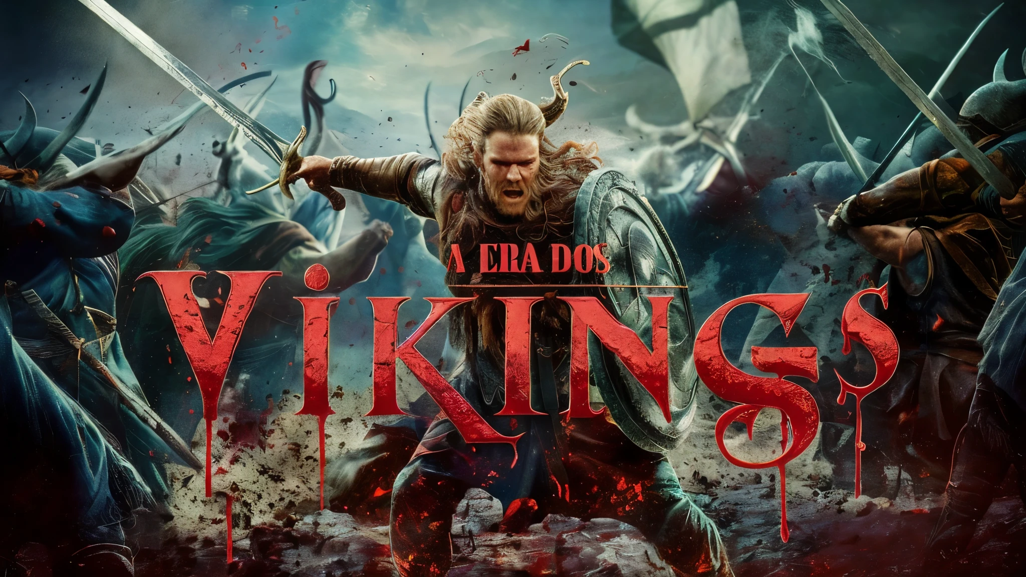 a poster for the movie Vikings, escrito "A era dos Vikings", rei viking, viking, epic rei viking, deus viking, viking heaven, by Luís Miranda, cultura viking, arte principal, Estilo Viking, guerreiro viking, 4k', limite de 8k, by Inacio Zuloaga, por Anato Finnstark, an epic viking battle scene, Cinematic epic 4K