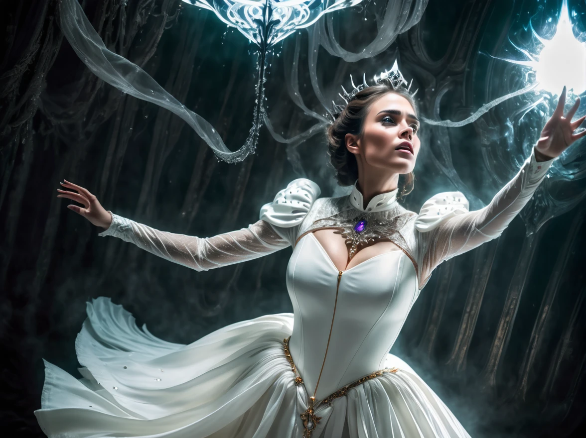 photo, portrait, intimidating Woman floating [a cursed prince], [scifi:fantasy:0.6] cinematic Lighting, white dress