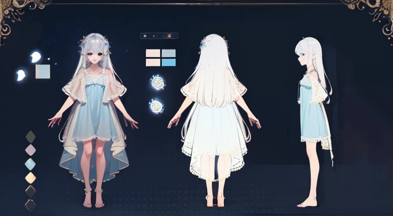 (Same character, front, side, back), simple background! , (full body), in the center of the screen, realistic texture, detailed lighting, delicate shadows, exaggerated hair, little girl, 3 beautiful eyes, big eyes with pink-green gradient, chib, fluorescent translucent, colorful, delicate light 3d, digital art, translucent plastic bubblegum, closeup, 3d, super detailed, generative front view, side view, back view 3 view, frameless, c4d, Octane render, Blender, hd, full body, detailed plastic material,