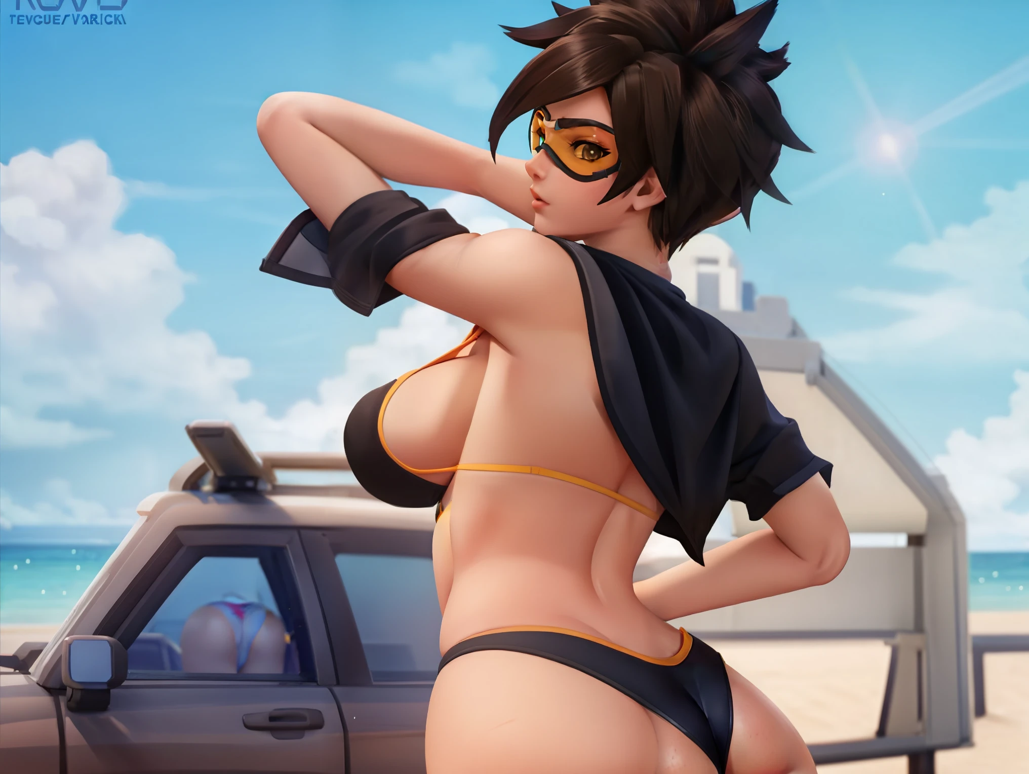Tracer from Overwatch is wearing a lewd microbikini. sexy. bending over. back view. looking at viewer. nsfw. slut