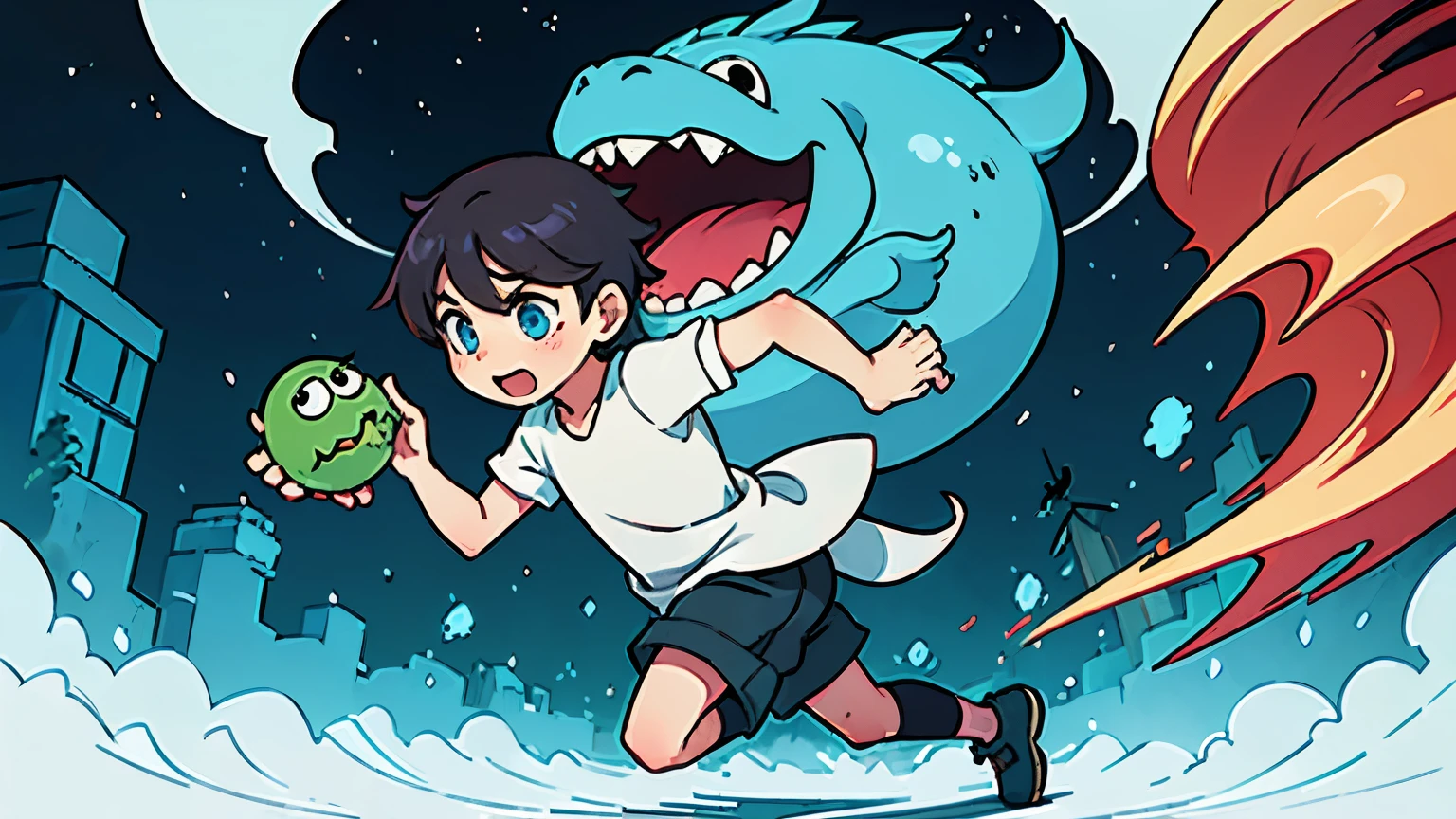 A boy carrying a cute monster、Running in a hurry