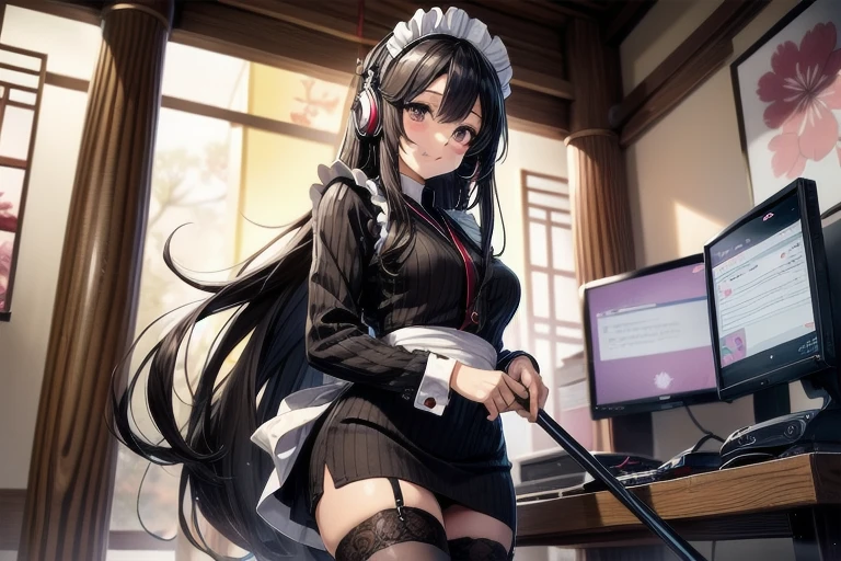1girl, anime, black eyes, long black hair with square bangs, very long black hair, super long black hair, skirt and stockings, heels, black Japanese style kimono mixed with ribbed black sweater with red accents and sakura floral design, ((ribbed black sweater)) adult, (Japanese shrine/temple background), gamer, (((gamergirl))),  (((office lady))), kimono sleeves, garter, graceful, (((maid uniform design))), broom, sweeping, cleaning, happy, feather duster, headphones, (sakura floral design)