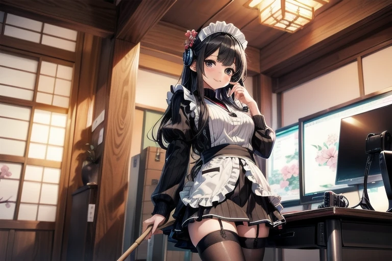 1girl, anime, black eyes, long black hair with square bangs, very long black hair, super long black hair, skirt and stockings, heels, black Japanese style kimono mixed with ribbed black sweater with red accents and sakura floral design, ((ribbed black sweater)) adult, (Japanese shrine/temple background), gamer, (((gamergirl))), (((office lady))), kimono sleeves, garter, graceful, (((maid uniform design))), broom, sweeping, cleaning, happy, feather duster, headphones, (sakura floral design)
