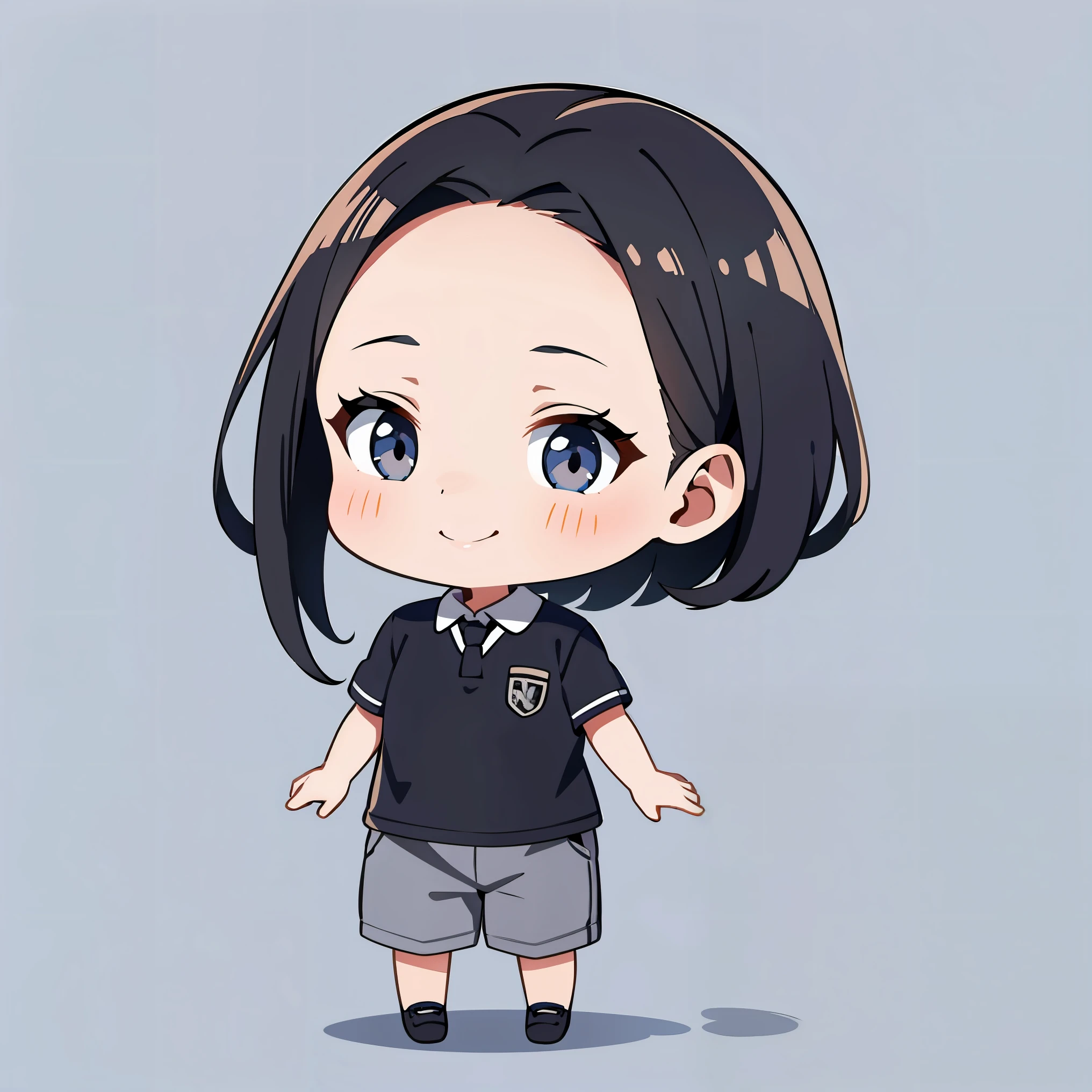 High quality、very short hair、short hair、70-30 split、Forehead、berry show and、Forehead出す、Deco Dashi、7さんdivision、Forehead、bangs ear hook、smile、Grey polo shirt、,Bangs wear over the earssmile、Grey polo shirt、chibi character、black long pants、ponytail、simple background、beautiful and detailed eyes、Grey polo shirt、shoes、Tie your hair at the back、hair is 7３division、70-30 split、Foreheadは出す、Forehead,Bangs wear over the ears、No bangs
