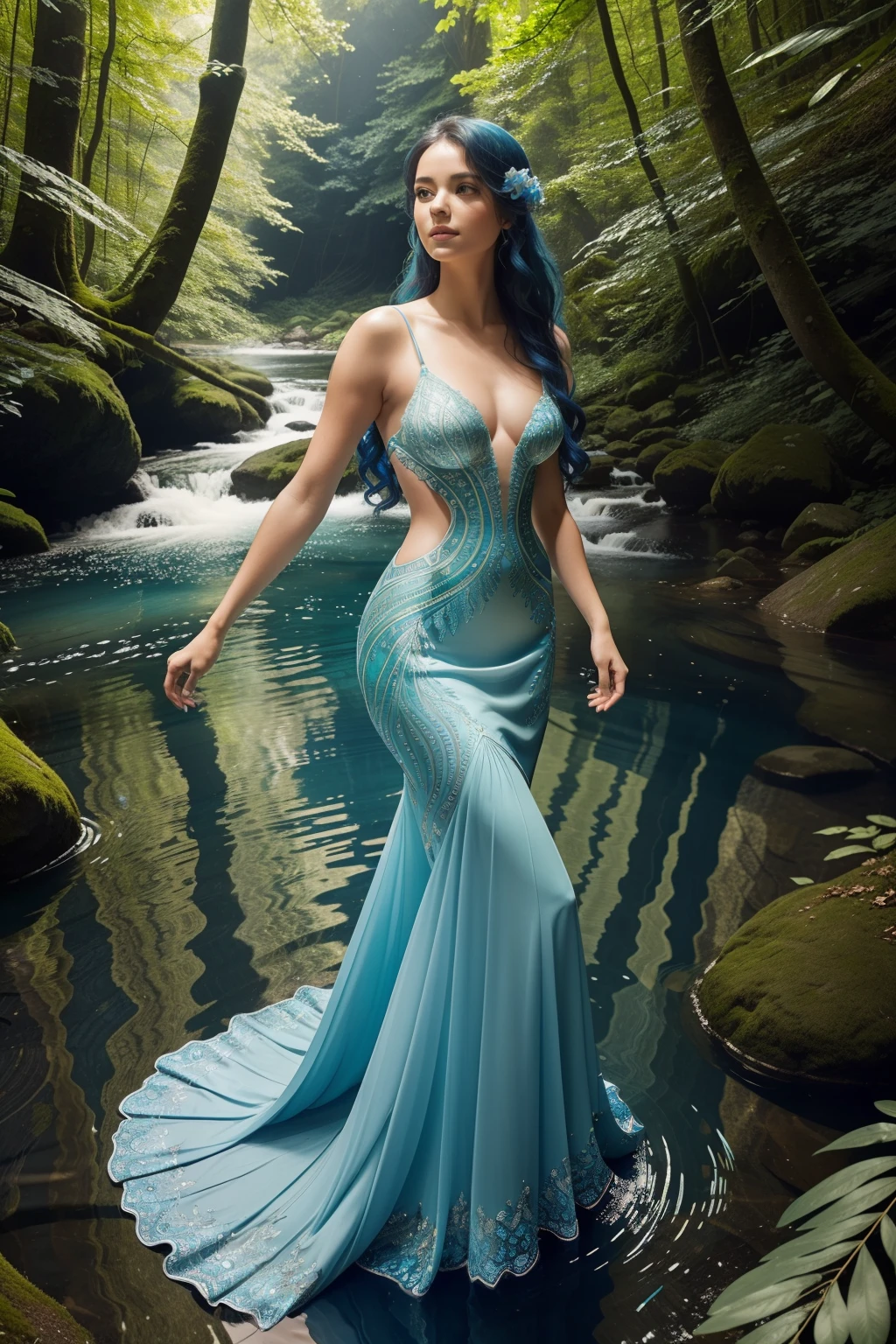 A captivating blue water nymph emerges from the crystal-clear river in an enchanted forest, her ethereal form bathed in the soft, dappled sunlight that filters through the canopy of leaves above. Her delicate skin is adorned with the finest details, as if each pore has been meticulously painted with the finest brush. Her long, flowing locks cascade down her back, mingling with the river water and creating a mesmerizing display of blues and greens.
Her intricately designed scales shimmer in the sunlight, reflecting the vibrant colors of the forest around her. She wears a form-fitting dress made of the most delicate blue