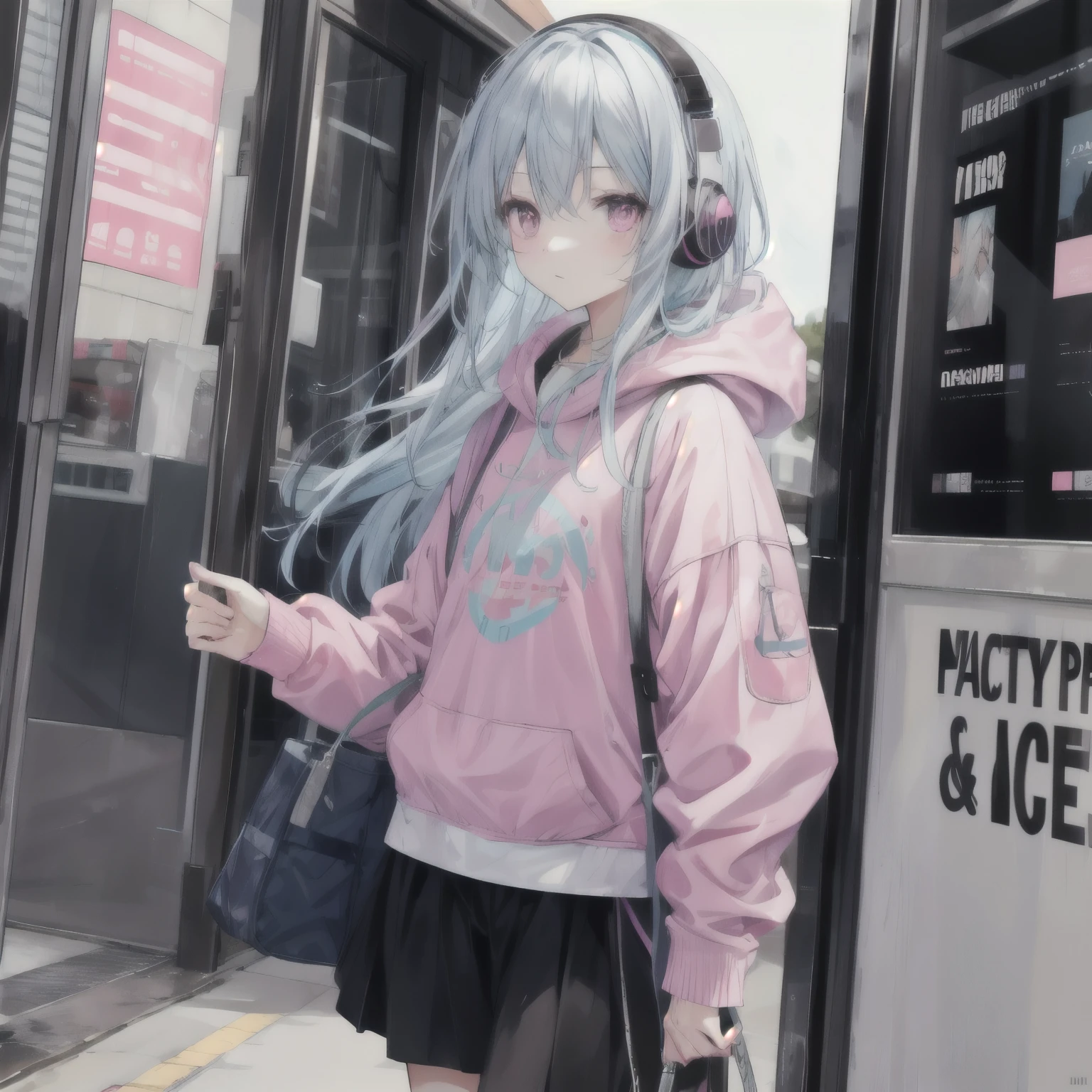 Long light blue hair,Pink and white sweatshirt,pink eyes,black headphones