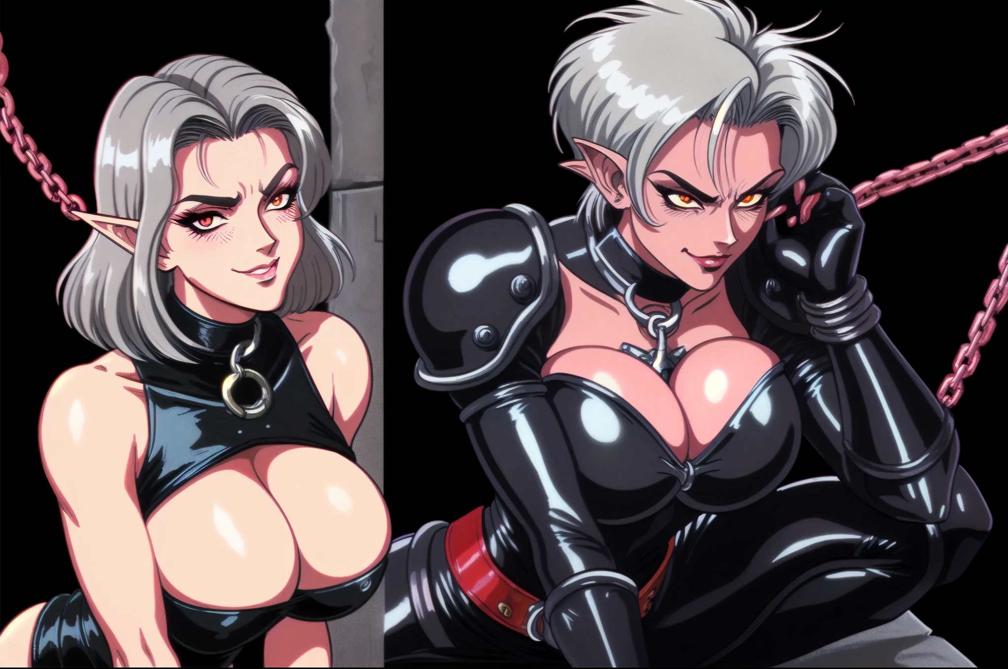 1990s style, dark fantasy anime illustration of a (mature MILF BIMBO Dark Elf with grey skin and short white hair), (UPPER BODY) perfect face, wearing tight leather stealth armor, stalking her victim at DAYLIGHT, ambient light, dark and moody, retro style, BIG KNOCKERS CLEAVAGE, lustful smirking smile red blush red cheeks, chain leash, kneeling, shackles, leather black collar slave, ((BLACK background))