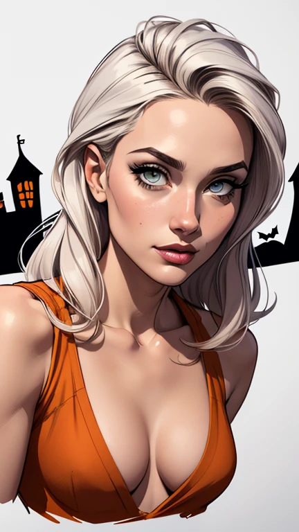 ch3rryg1g, anime women, cute, round face, platinum blonde hair, straight bangs, messy hair, straight hair, skinny, ((smoky eye shadow, black eyeliner)), blouse shirt, worried, excited, freckles, small nose, rounded chin, anime, looking at camera, gyaru, grunge, t shirt, blue jeans
