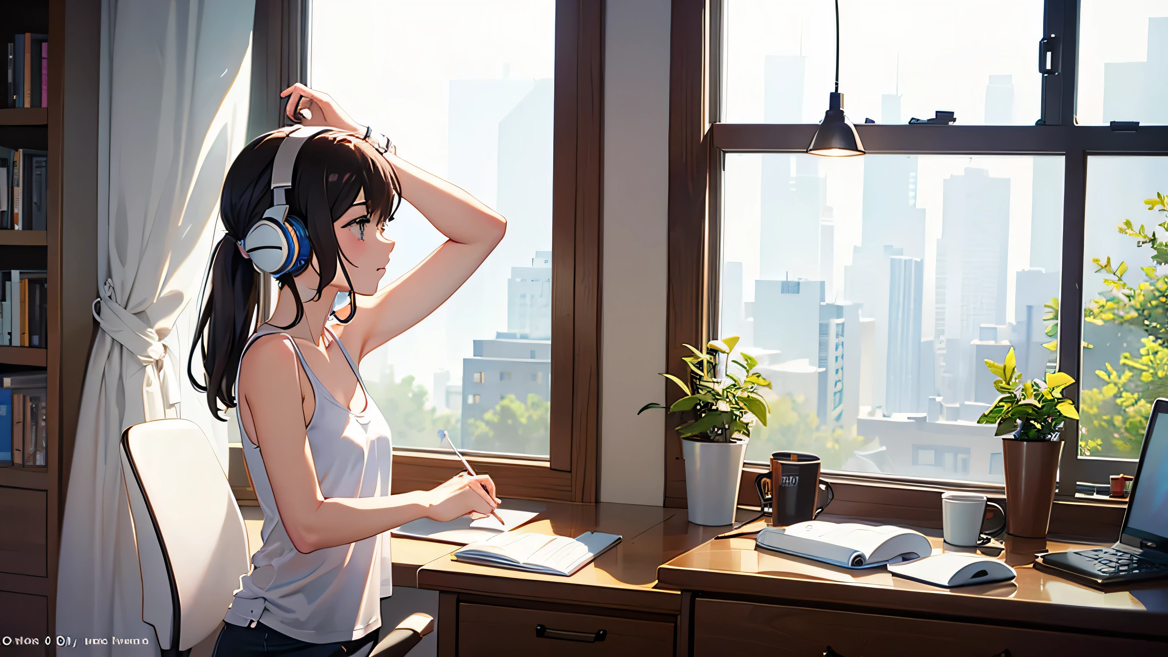 by the window put on headphones get on your elbows girl white tank top studying