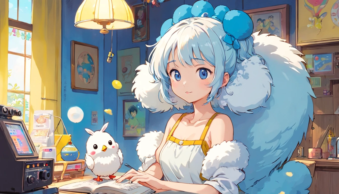 (masterpiece, highest quality), 8K, 4k, 8K, Super detailed, beautiful images, clear image, perfect face, perfect lines, perfect eyes, soft lighting, (((Girl's UP)))、(((The girl's face is well visible)))、make many round chicks、(())、(((cassette tape、radio cassette player、record)))、cute beautiful girl、((Listening to music with headphones on))、machine、Note、computer、light bulb、window、Chair、curtain、retro、(((80s))) Neon color、pastel colour、((blue and white room))、Polka dot pattern、lemon、80'sパターン、round pattern、square pattern、Cartoon screentones、Dot pattern is applied from above、cooking、chick chick、Cotton candy、candy、(((Get into a rhythm))), (((lofi-art))), Cute white fur ball creature、(((The structure and balance of the face of the human body, objects, and living things are well-balanced without any discomfort.))), (((the fingers of the hand5Book))), (((beautiful and well-shaped body)))、(((Cute and beautiful face)))、Ramune Ramune Ramune、summer