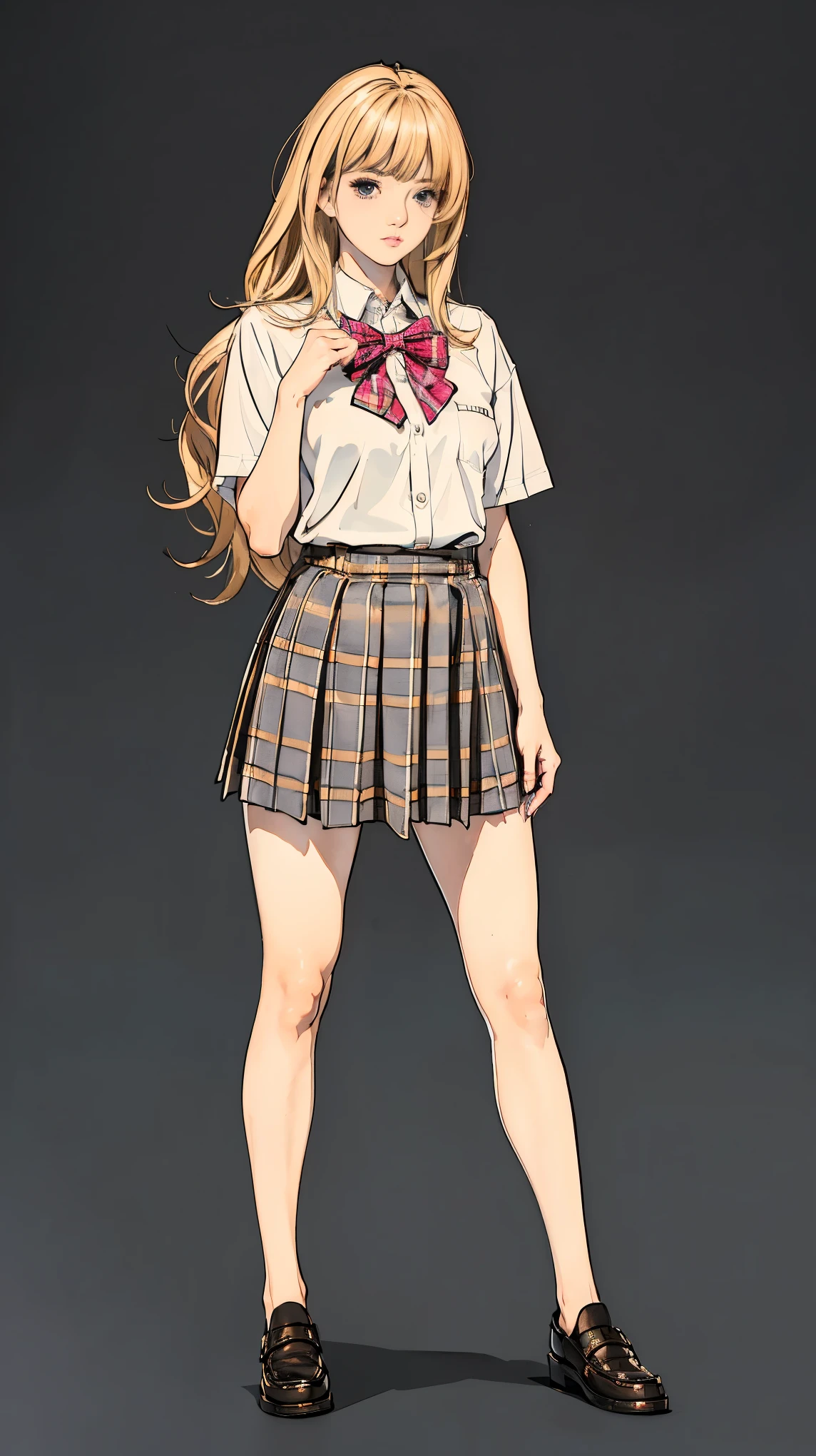 ((best quality,4k,highres,masterpiece:1.2)),((character concept art)), 1 female, teenage female, Gyaru high school girl, ((dyed brown or blonde long hair)), hair styled with lots of accessories, (tan skin colour), ultra finely detailed eyes (decorative contact lenses), fashionable, outgoing, socially active, slim body build, ((intricate detail)), super finely detailed hands, ultra finely detailed fingers(((ten fingers))), wwearing white short sleeves school shirt with bowtie, gray school skirt, knee-length school socks, and black school loafers, heavy makeup, (standing casually), (full body showcase), (show full body), (no logos on background), (no logo), ((plain background)), ((plain background)), (((empty background)))