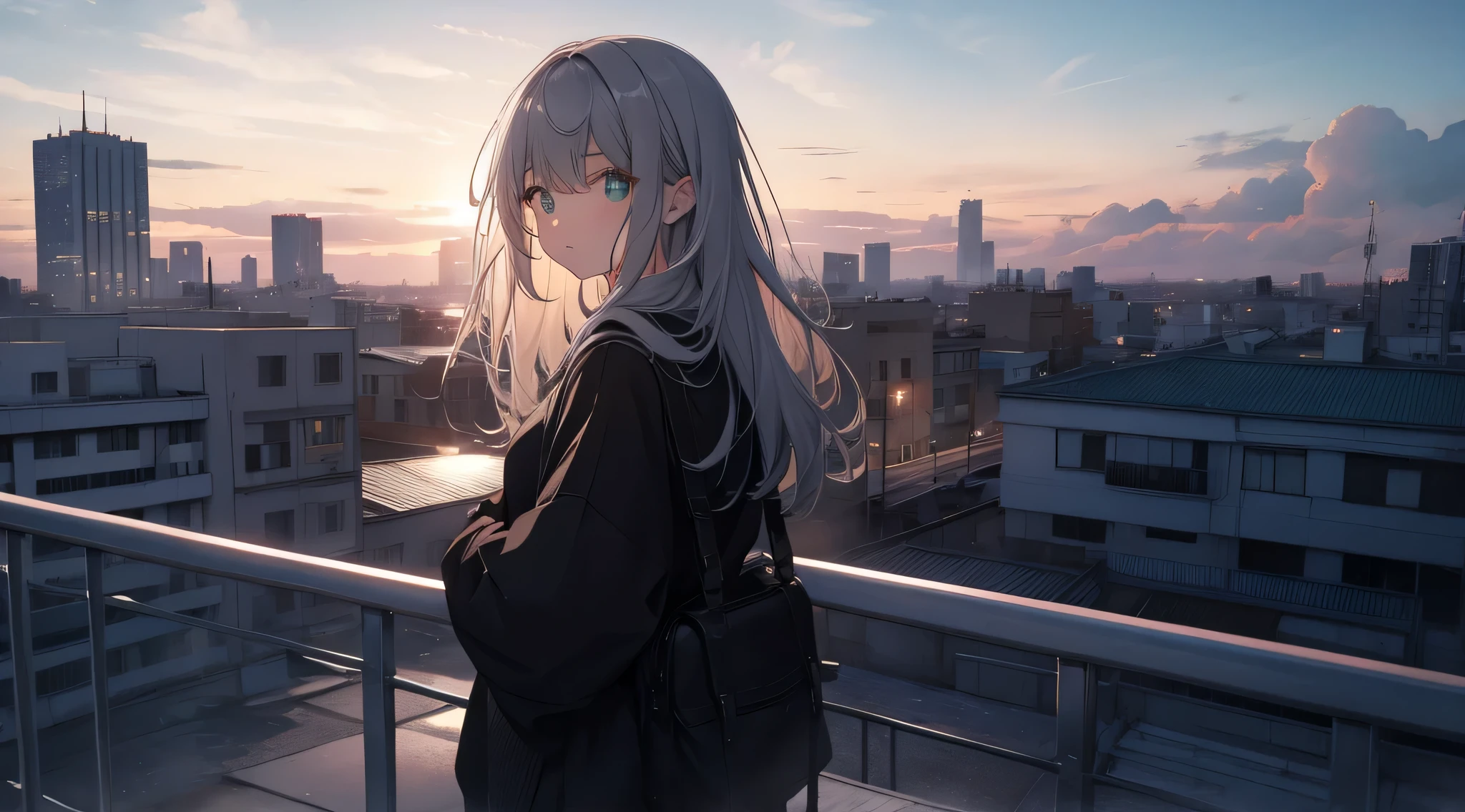 Faded tones, monochrome, cool girl, long bangs, staring into the distance, gray hair, full body shot, monochrome, detailed face, fine eyes, black, green, white knit sweater, big blurry background, Rooftop at dawn, shot from behind, looking out through the fence