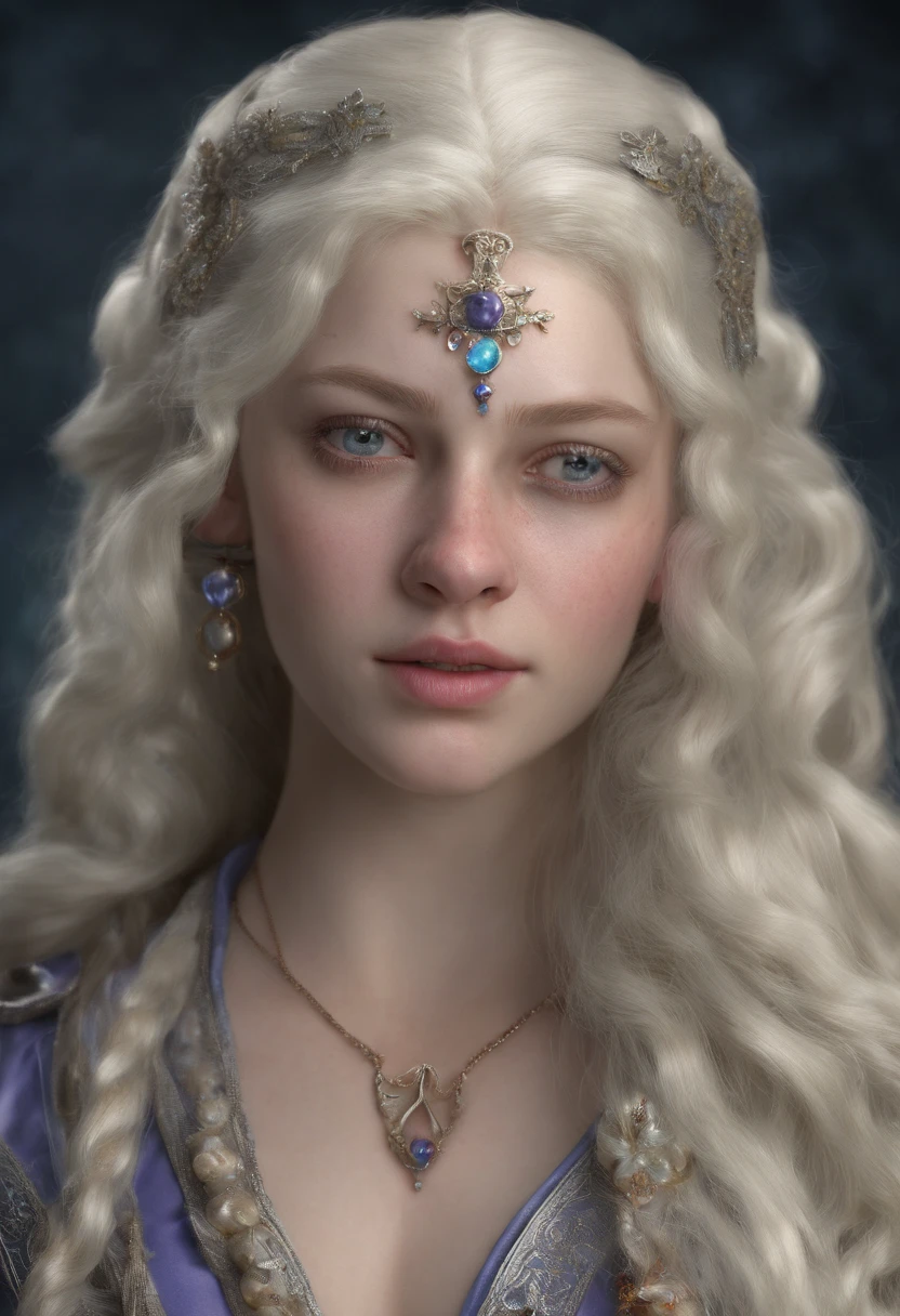 Una mujer joven linda Targaryen, con el cabello largo albino, with heterochromia, un ojo de distinto color, el ojo derecho de color celeste claro y el izquierdo de color violeta claro, vistiendo un vestido de color morado estilo medieval.