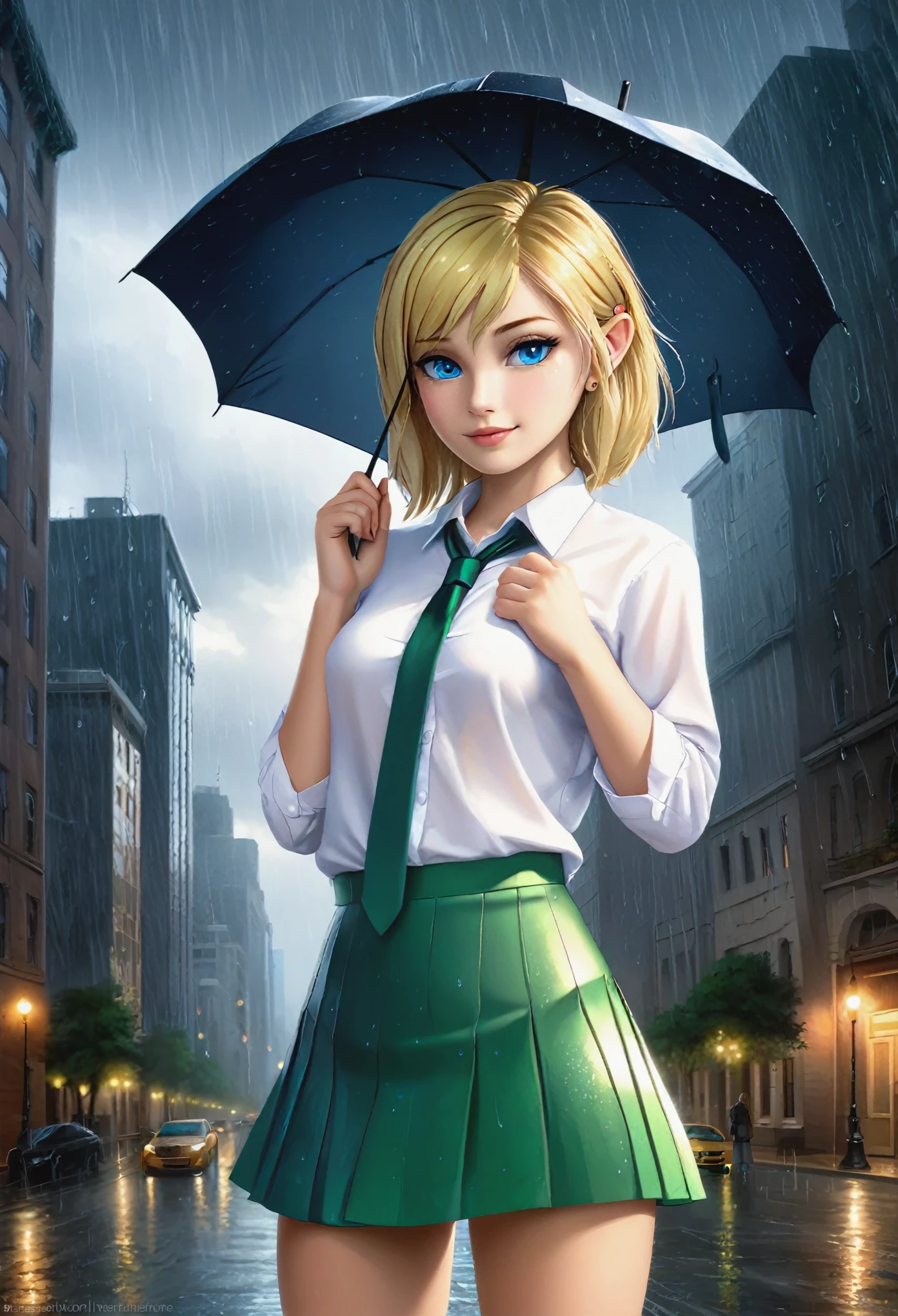 A girl with short, blonde hair and blue eyes, wearing a white shirt, a green tie, and a green skirt stands in a detailed city setting. It is raining, and the background is filled with intricate details. The girl exudes charm and confidence in her appearance, with her beautiful eyes captivating the viewer. The raindrops fall delicately around her, creating a mesmerizing atmosphere. The lighting in the scene highlights the girl's features, accentuating the realism and photorealism of the image. The overall quality of the image is of the highest standard, with ultra-detailed elements and vivid colors. The artwork is depicted in a medium reminiscent of KatyushaV1_22, adding a touch of elegance and sophistication to the scene.