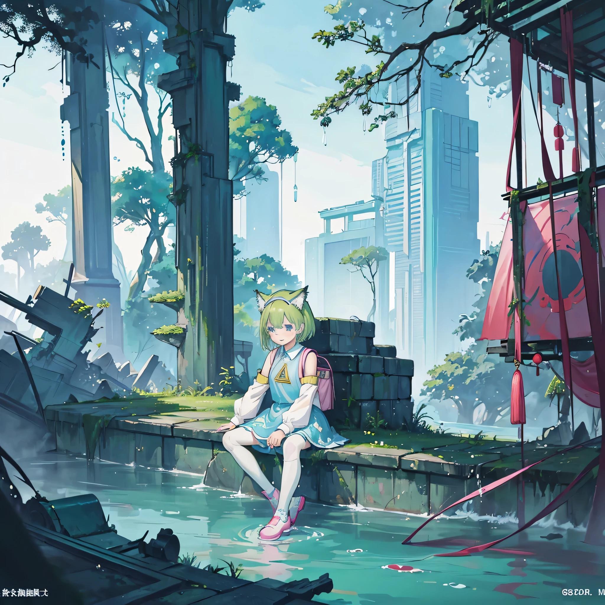 Deltamon, (tears,sad:1.6),(girl sitting),Light green short bob hair、Light green cat ears headband、Exposing shoulder skin、(Mechanical legs)、light blue tail、pink school bag、light blue dress、White armsleeves、light blue high socks、pink shoes、Triangular metal emblem on chest、Large pocket in the center of the abdomen,break, ((4k,masterpiece,highest quality)), Shuimobisim, traditional chinese ink painting, lotus,  maxi kit, alone, smile, Are standing,break,dragon, madeon,(concentration line, speed lines:1.1)、our seeds,anime, fantasy, artwork, artwork, artwork, artwork, artwork, artwork, painting, painting, painting, painting, painting, painting, by ヤン・J, By Ryan Yee, by Li Zai,(tree,water,nature,sea and forest:1.5), (blue and green:1.4),(cyberpunk:1.5),(ruins:1.6)