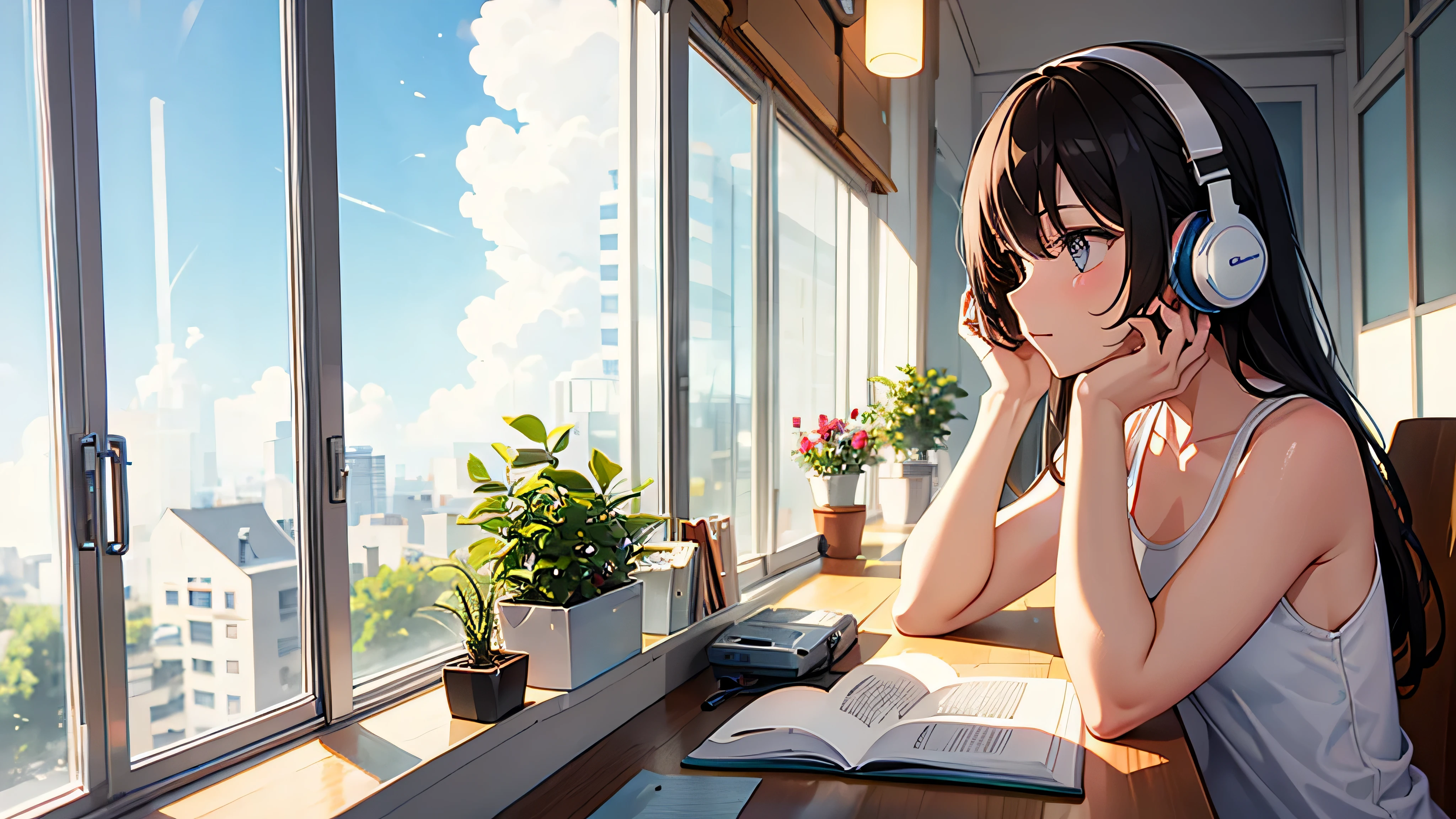 by the window　put on headphones　get on your elbows　girl　white tank top　studying
