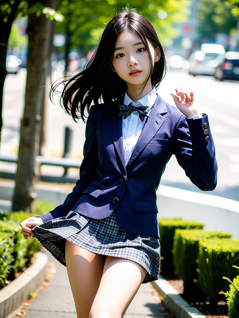 (8K), (highest quality: 1.2), (realistic), (realistic: 1.37), ultra high resolution, (1 girl), cute, smile, closed mouth, beautiful details, beautiful nose, wet hair, giant dulcefo, pork, thighs,self snap,University Student Uniform,simple blazer,pleated skirt,(The pattern of the skirt and tie is a tartan check pattern...:1.3),(sitting:1), sit on the ground,(hugging own legs:1),opaque tights,from the front