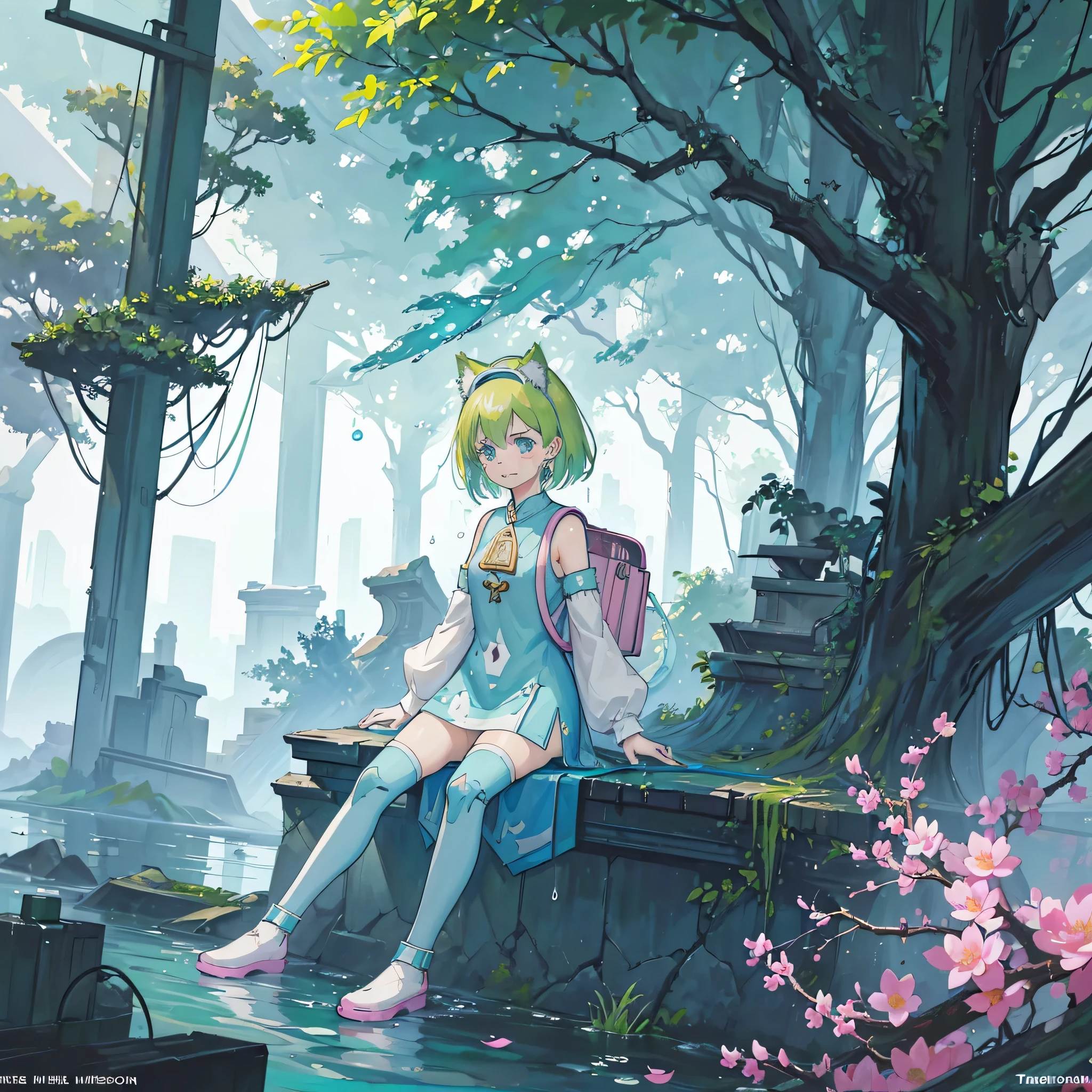 Deltamon, (tears,sad:1.6),(girl sitting),Light green short bob hair、Light green cat ears headband、Exposing shoulder skin、(Mechanical legs)、light blue tail、pink school bag、light blue dress、White armsleeves、light blue high socks、pink shoes、Triangular metal emblem on chest、Large pocket in the center of the abdomen,break, ((4k,masterpiece,highest quality)), Shuimobisim, traditional chinese ink painting, lotus,  maxi kit, alone, smile, Are standing,break,dragon, madeon,(concentration line, speed lines:1.1)、our seeds,anime, fantasy, artwork, artwork, artwork, artwork, artwork, artwork, painting, painting, painting, painting, painting, painting, by ヤン・J, By Ryan Yee, by Li Zai,(tree,water,nature,sea and forest:1.5), (blue and green:1.4),(cyberpunk:1.5),(ruins:1.6)