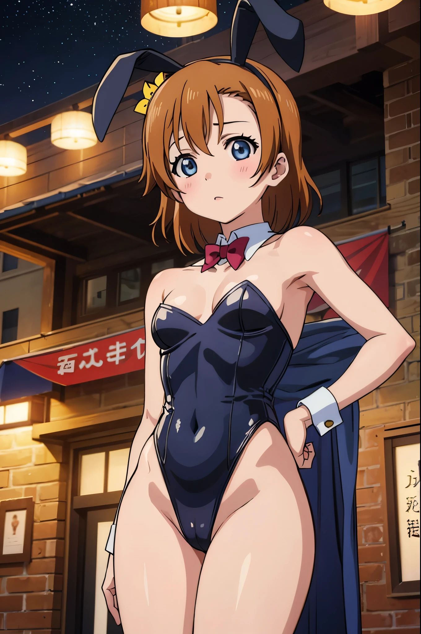 Kousaka honoka, night, bar, playboy bunny, short hair, hair ornament, crotch lines, upper body