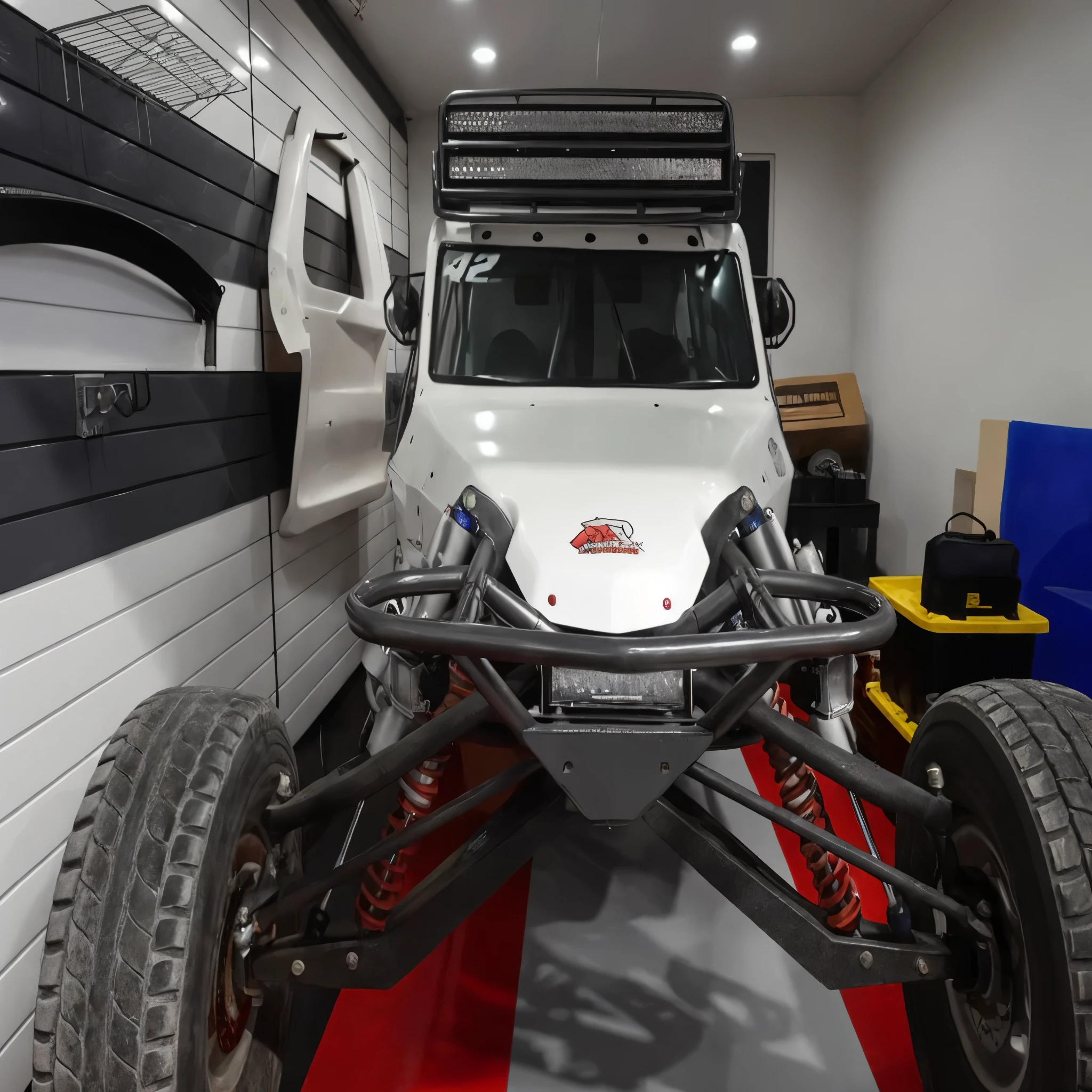 there is a large truck with a big front bumper in a garage, front shot, trophy truck, front profile shot, facing front, frontal shot, front facing, front facing shot, frontshot, full body wide shot, full view of a car, long front end, front angle, full front view, detailed wide shot, front of car angle, front top side view