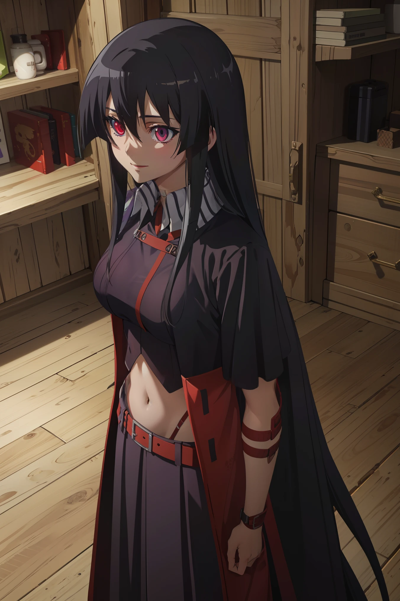 score_8_up, score_7_up, source_anime, Akame, 1girl, solo, black hair, long hair, (glowing red eyes:1.2),
BREAK (purple_clothes, ninja_clothes,navel:1.2),
BREAK full-length portrait,full entire body,arms behind back,cute smile,Front view,
BREAK (masterpiece:1.2), best quality, high resolution, unity 8k wallpaper, (illustration:0.8), (beautiful detailed eyes:1.6), extremely detailed face, perfect lighting, extremely detailed CG, (perfect hands, perfect anatomy),perfect face,