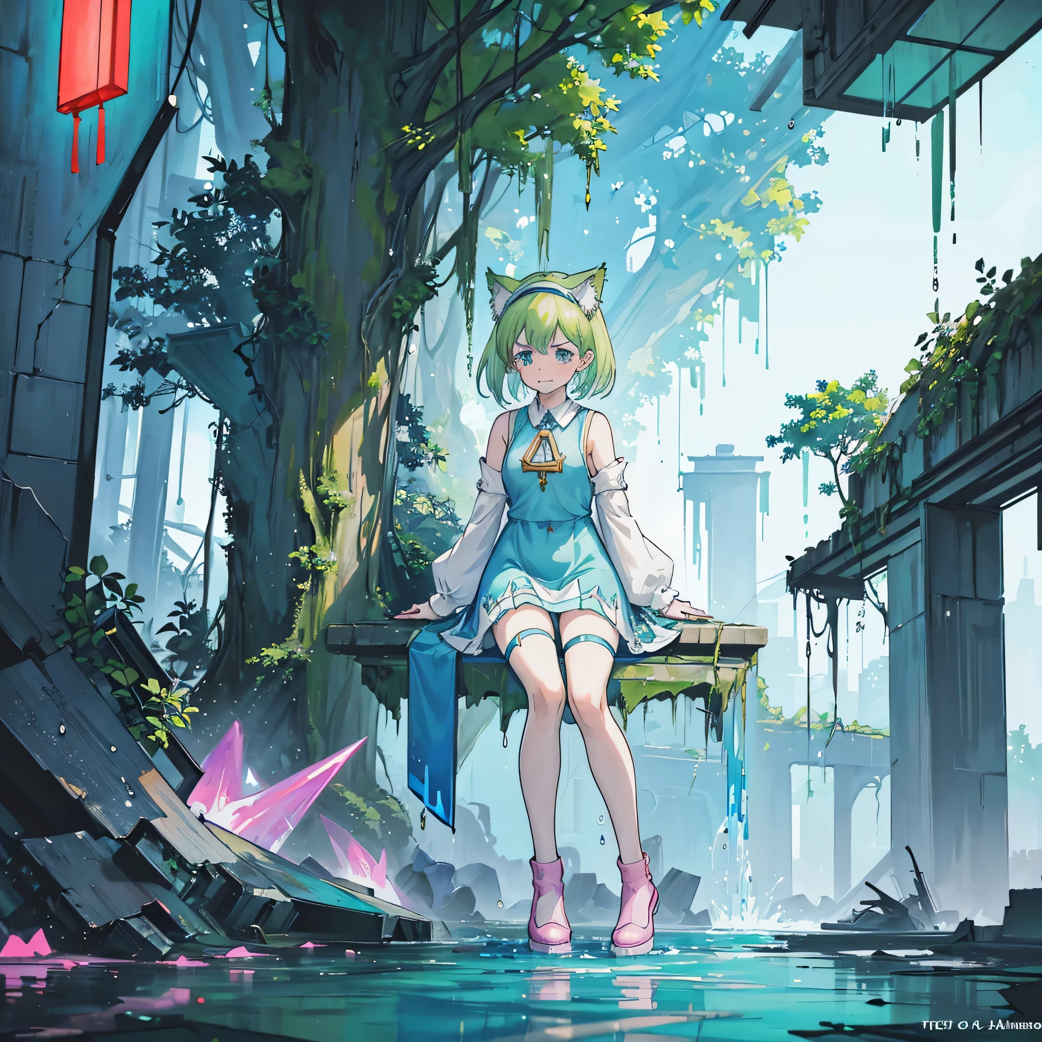 Deltamon, (tears,sad:1.6),girl sitting,Light green short bob hair、Light green cat ears headband、Exposing shoulder skin、Mechanical legs、light blue tail、pink school bag、light blue dress、White armsleeves、light blue high socks、pink shoes、Triangular metal emblem on chest、Large pocket in the center of the abdomen,break, ((4k,masterpiece,highest quality)), Shuimobisim, traditional chinese ink painting, lotus,  maxi kit, alone, smile, Are standing,break,dragon, madeon,(concentration line, speed lines:1.1)、our seeds,anime, fantasy, artwork, artwork, artwork, artwork, artwork, artwork, painting, painting, painting, painting, painting, painting, by ヤン・J, By Ryan Yee, by Li Zai,(tree,water,nature,sea and forest:1.5), (blue and green:1.4),(cyberpunk:1.5),(ruins:1.6)