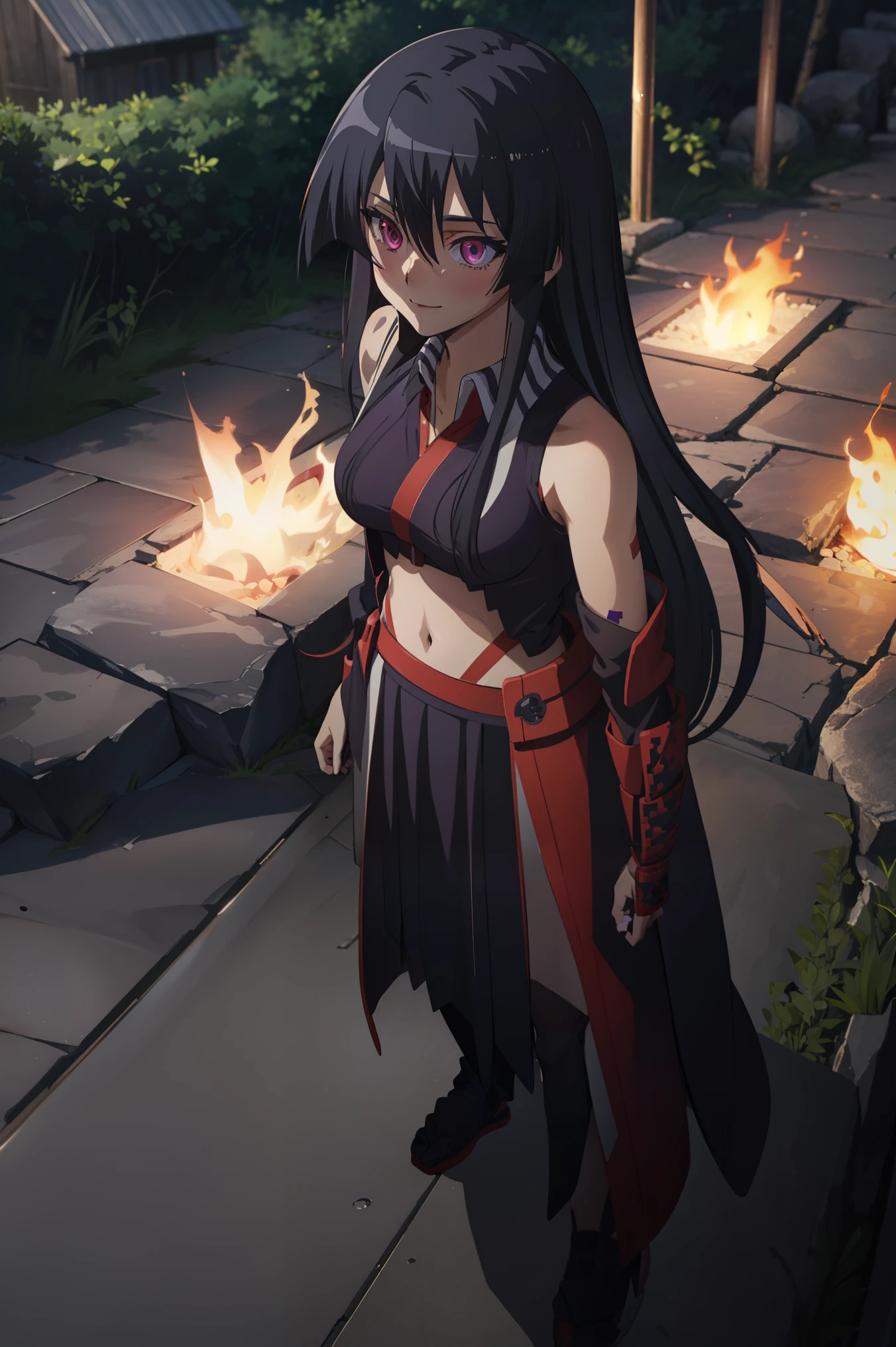 score_8_up, score_7_up, source_anime, Akame, 1girl, solo, black hair, long hair, (glowing red eyes:1.2),
BREAK (purple_clothes, ninja_clothes,navel:1.2),
BREAK full-length portrait,full entire body,arms behind back,cute smile,Front view,
BREAK (masterpiece:1.2), best quality, high resolution, unity 8k wallpaper, (illustration:0.8), (beautiful detailed eyes:1.6), extremely detailed face, perfect lighting, extremely detailed CG, (perfect hands, perfect anatomy),perfect face,