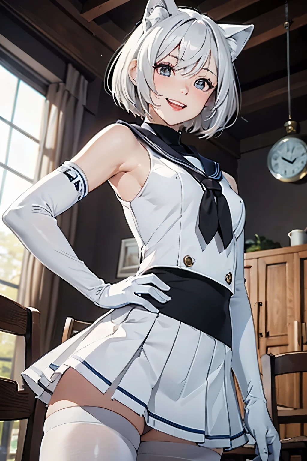table top High level image quality best image quality 8K adult woman whole body portrait pure white long gloves(elbow gloves) Pure white pantyhose sailor suit(sleeveless) mini skirt white wolf ears short hair((shortcut)(gray hair)(perm)(fluffy)) eye color is blue attractive face((laughter)(smile)(open your mouth)) I'looking forward to it sexy pose hold the skirt view from below