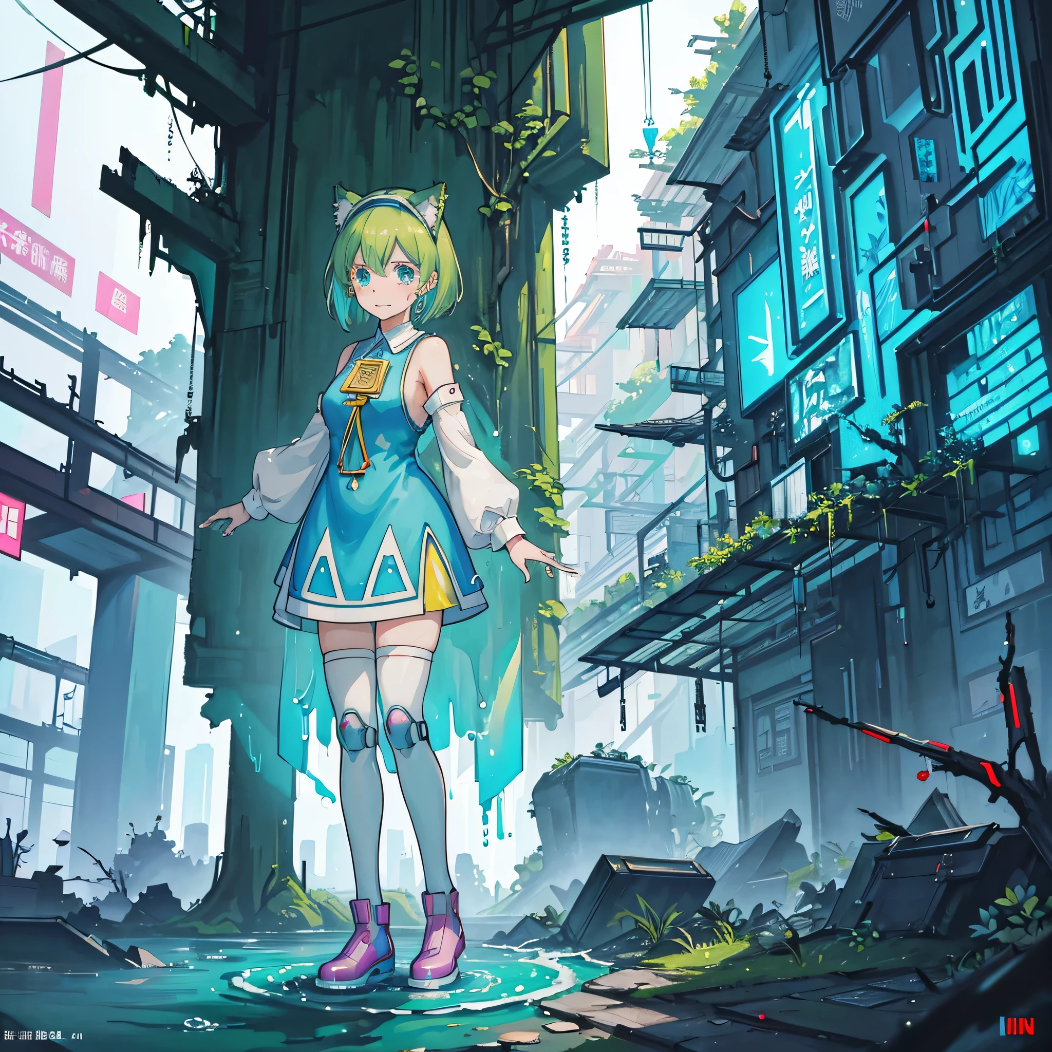 Deltamon, (tears,sad:1.6)Light green short bob hair、Light green cat ears headband、Exposing shoulder skin、Mechanical legs、light blue tail、pink school bag、light blue dress、White armsleeves、light blue high socks、pink shoes、Triangular metal emblem on chest、Large pocket in the center of the abdomen,break, ((4k,masterpiece,highest quality)), Shuimobisim, traditional chinese ink painting, lotus,  maxi kit, alone, smile, Are standing,break,dragon, madeon,(concentration line, speed lines:1.1)、our seeds,anime, fantasy, artwork, artwork, artwork, artwork, artwork, artwork, painting, painting, painting, painting, painting, painting, by ヤン・J, By Ryan Yee, by Li Zai,(tree,water,nature,sea and forest:1.5), (blue and green:1.4),(cyberpunk:1.7),(ruins:1.8)