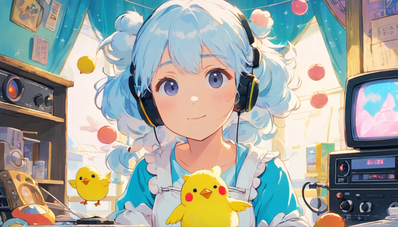 (masterpiece, highest quality), 8K, 4k, 8K, Super detailed, beautiful images, clear image, perfect face, perfect lines, perfect eyes, soft lighting, (((Girl's UP)))、(((The girl's face is well visible)))、make many round chicks、(())、(((cassette tape、radio cassette player、record)))、cute beautiful girl、((Listening to music with headphones on))、machine、Note、computer、light bulb、window、Chair、curtain、retro、(((80s))) Neon color、pastel colour、((blue and white room))、Polka dot pattern、lemon、80'sパターン、round pattern、square pattern、Cartoon screentones、Dot pattern is applied from above、cooking、chick chick、Cotton candy、candy、(((Get into a rhythm))), (((lofi-art))), Cute white fur ball creature、(((The structure and balance of the face of the human body, objects, and living things are well-balanced without any discomfort.))), (((the fingers of the hand5Book))), (((beautiful and well-shaped body)))、(((Cute and beautiful face)))、Ramune Ramune Ramune、summer