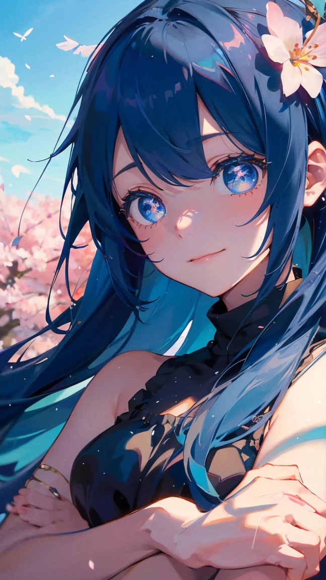 1 anime girl, alone,Black petals flutter, A mysteriously shining butterfly.city,Hatsune Miku,bright blue hair,bright blue jewel eyes,twin tails,thin legs,very clear,highest quality,close up of face,Many cherry blossoms dance in the sky,beautiful blue sky,the middle of rows of cherry trees,lots of water droplets,Sleeping in the steppe,look up at the sky,barefoot,picnic,smile