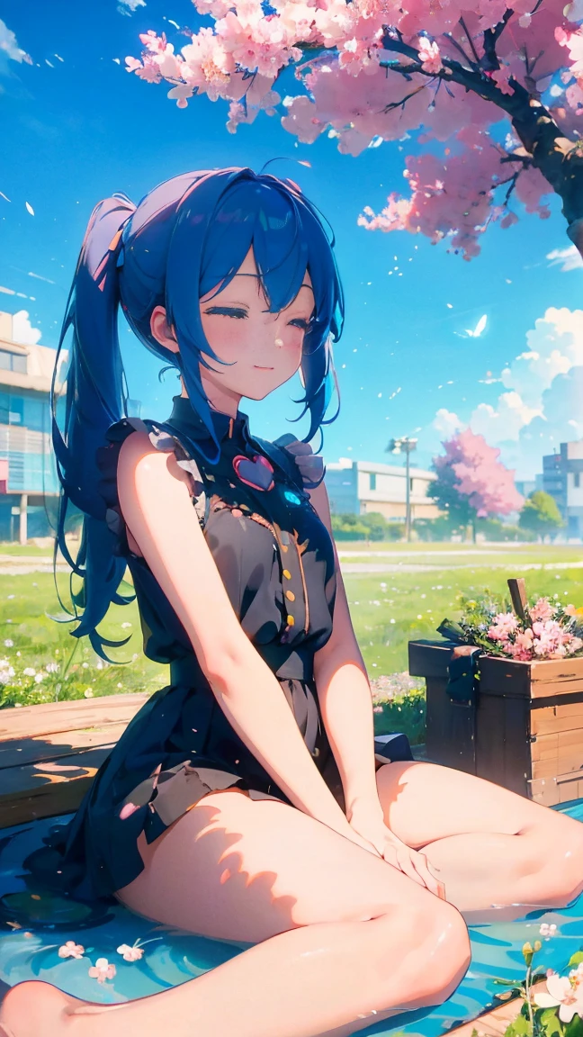 1 anime girl, alone,Black petals flutter, A mysteriously shining butterfly.city,Hatsune Miku,bright blue hair,bright blue jewel eyes,twin tails,thin legs,very clear,highest quality,close up of face,Many cherry blossoms dance in the sky,beautiful blue sky,the middle of rows of cherry trees,lots of water droplets,Sleeping in the steppe,look up at the sky,barefoot,picnic,smile